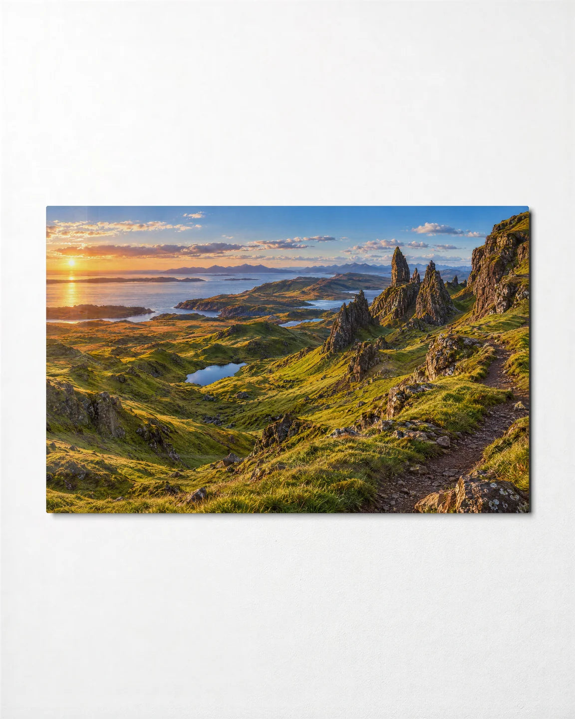 Highland Pinnacles in Gold — front view of glass wall art