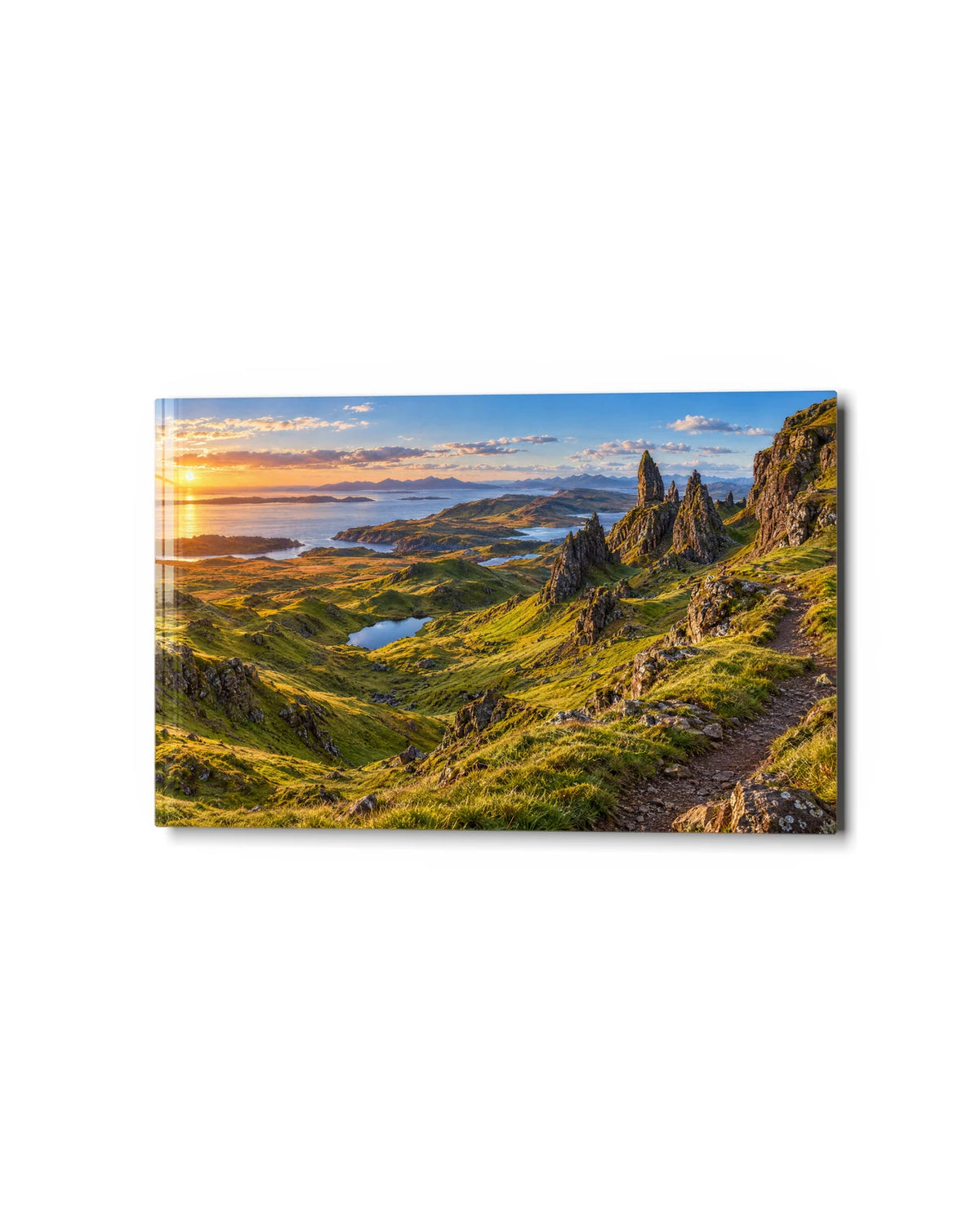 Highland Pinnacles in Gold — studio view of glass wall art
