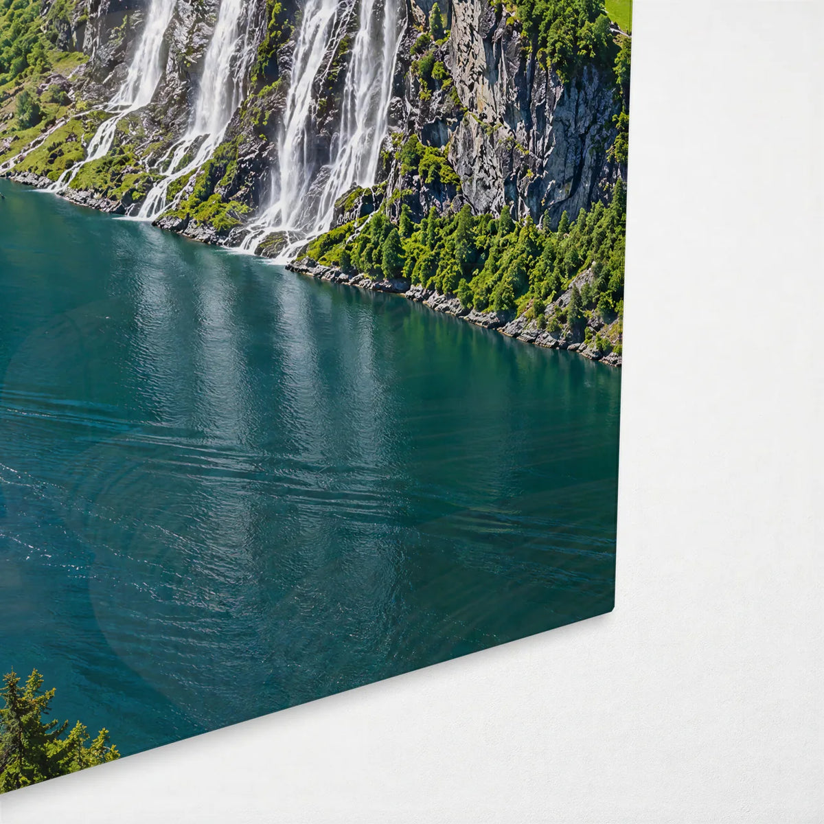Geiranger Fjord — corner detail of glass wall art