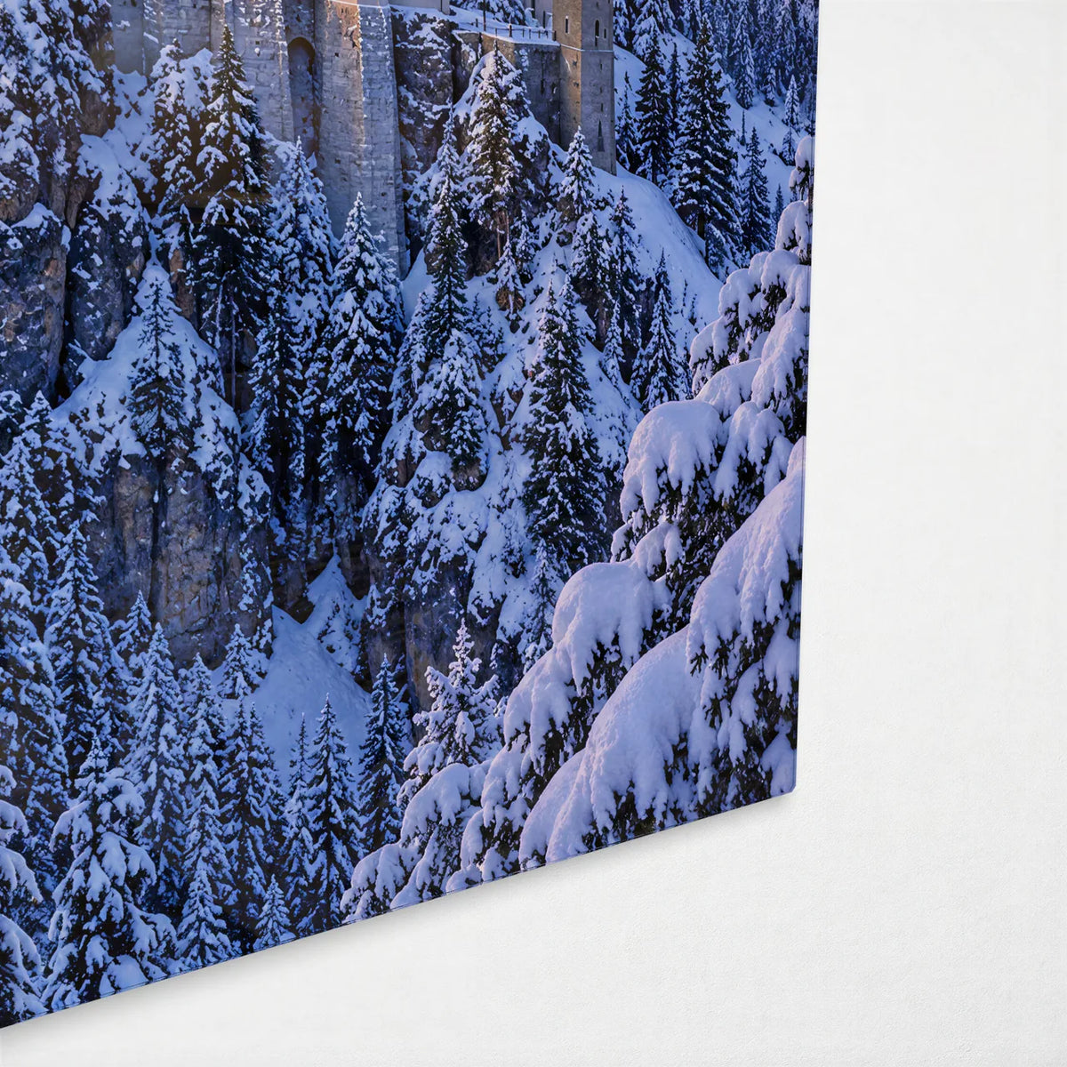 Neuschwanstein in Snow — corner detail of glass wall art