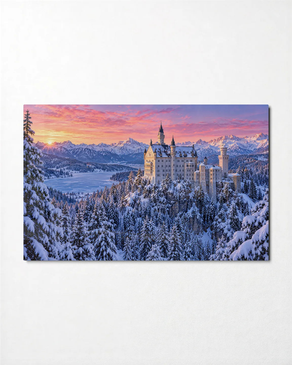 Neuschwanstein in Snow — front view of glass wall art