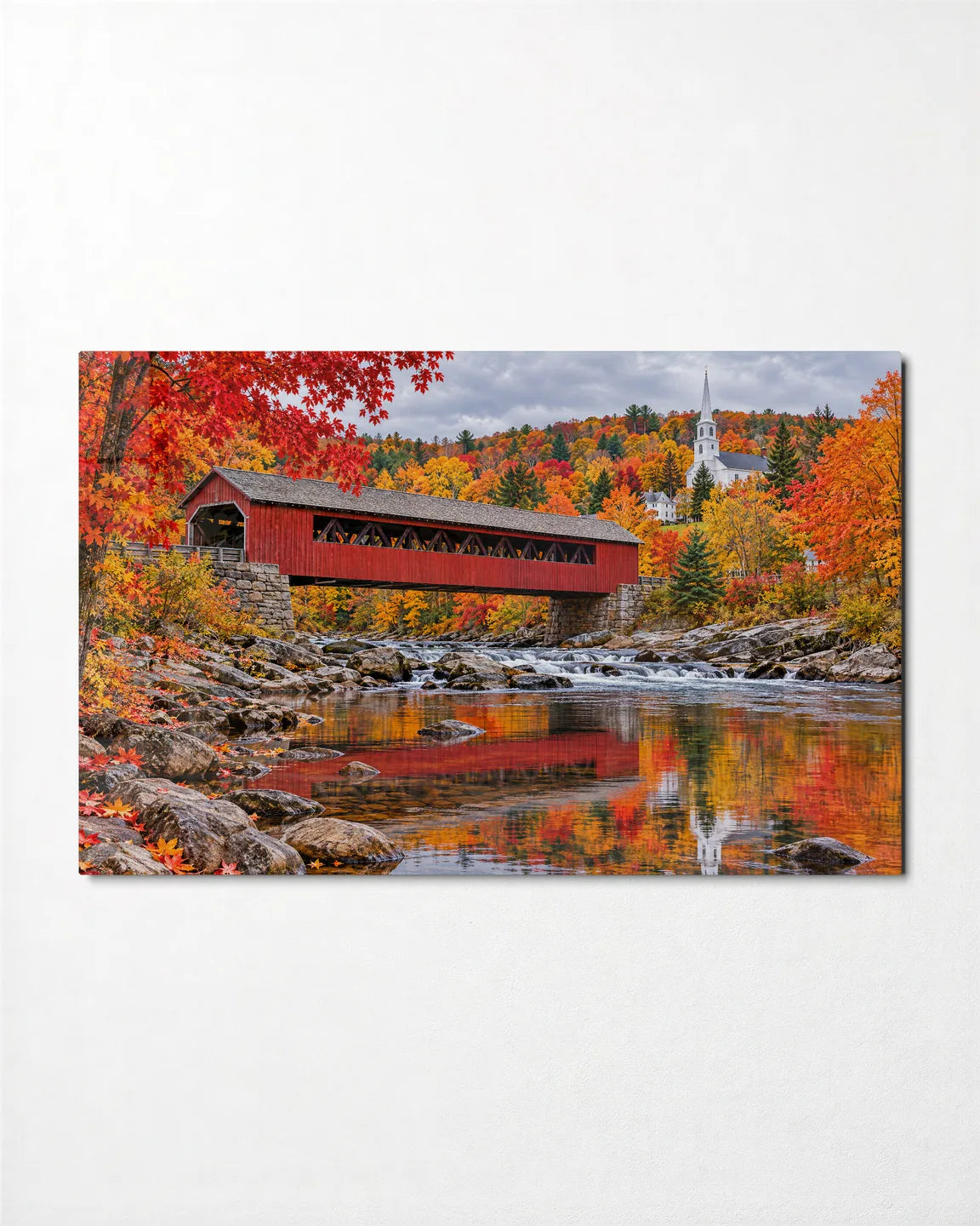 Vermont Covered Bridge — front view of glass wall art