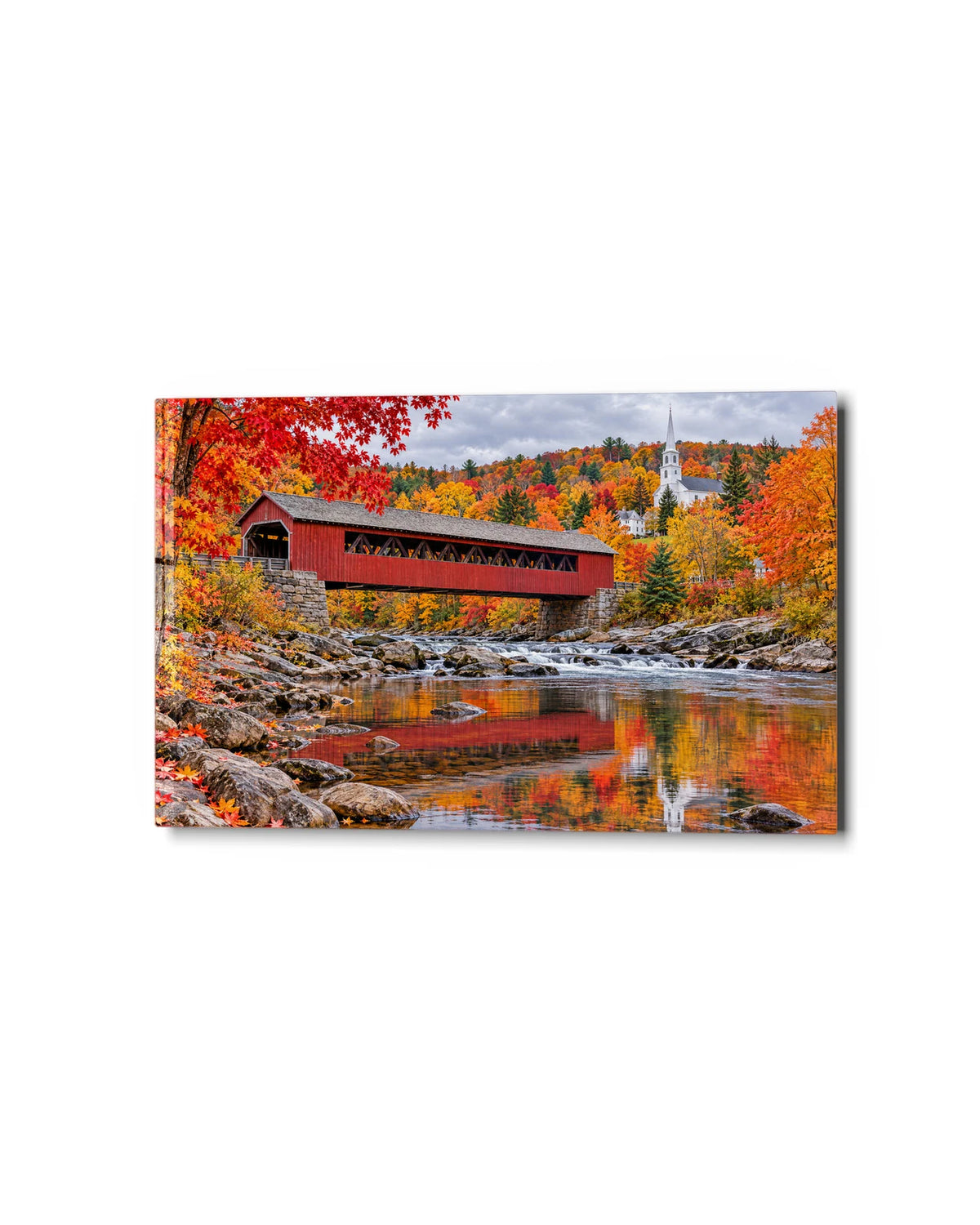 Vermont Covered Bridge — studio view of glass wall art