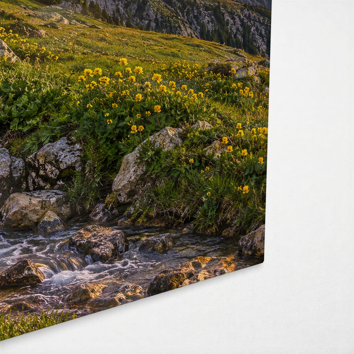 Tre Cime at Sunset — corner detail of glass wall art