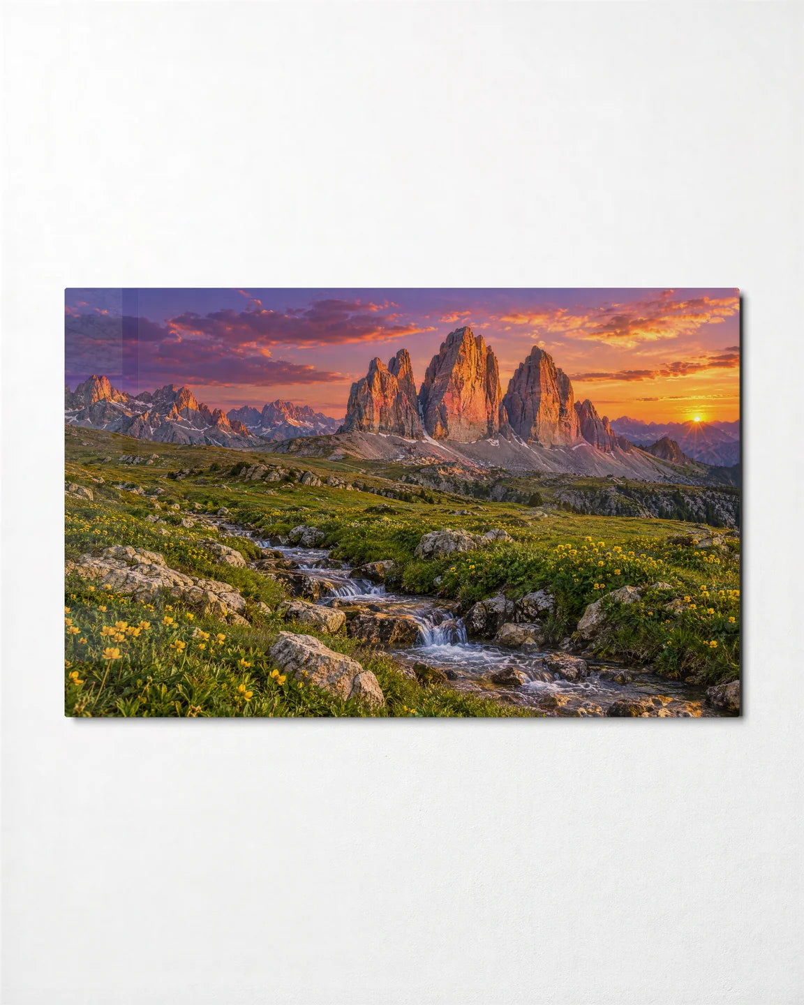 Tre Cime at Sunset — front view of glass wall art