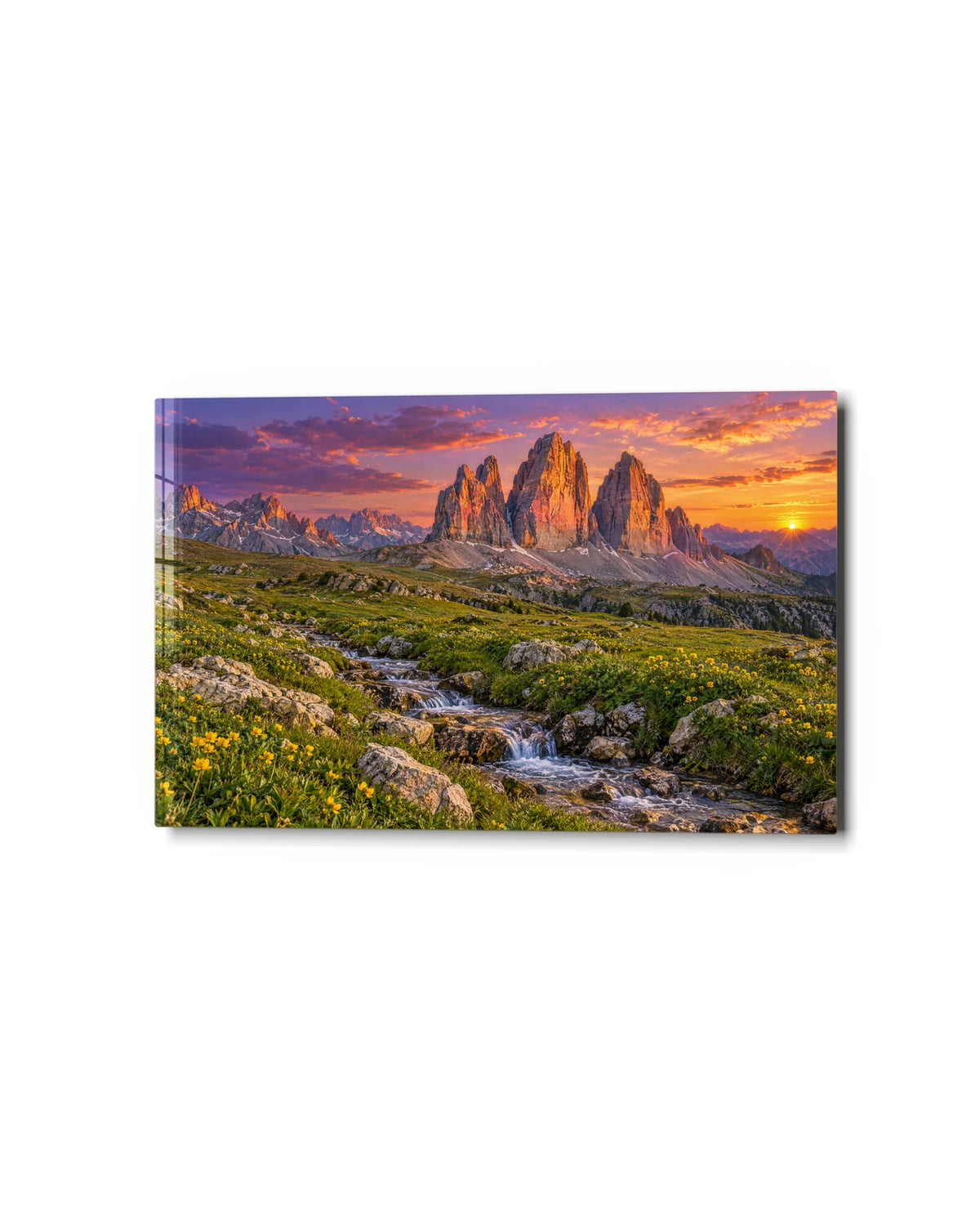 Tre Cime at Sunset — studio view of glass wall art