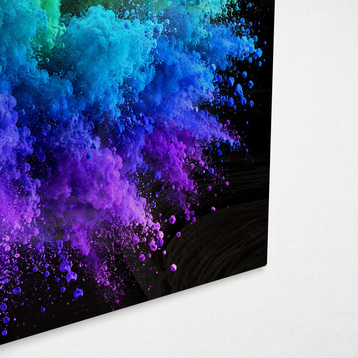 Rainbow Powder Burst — corner detail of glass wall art