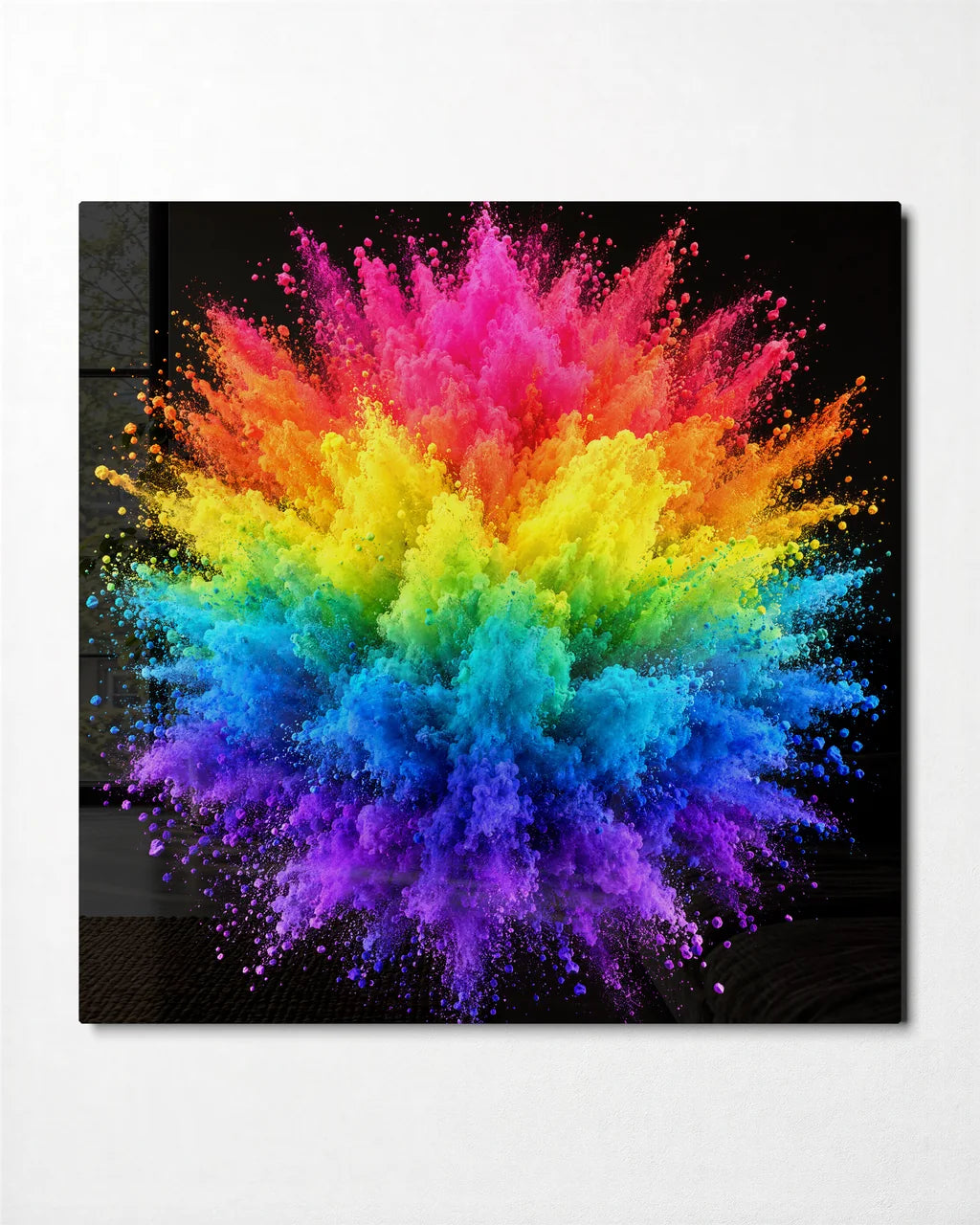 Rainbow Powder Burst — front view of glass wall art