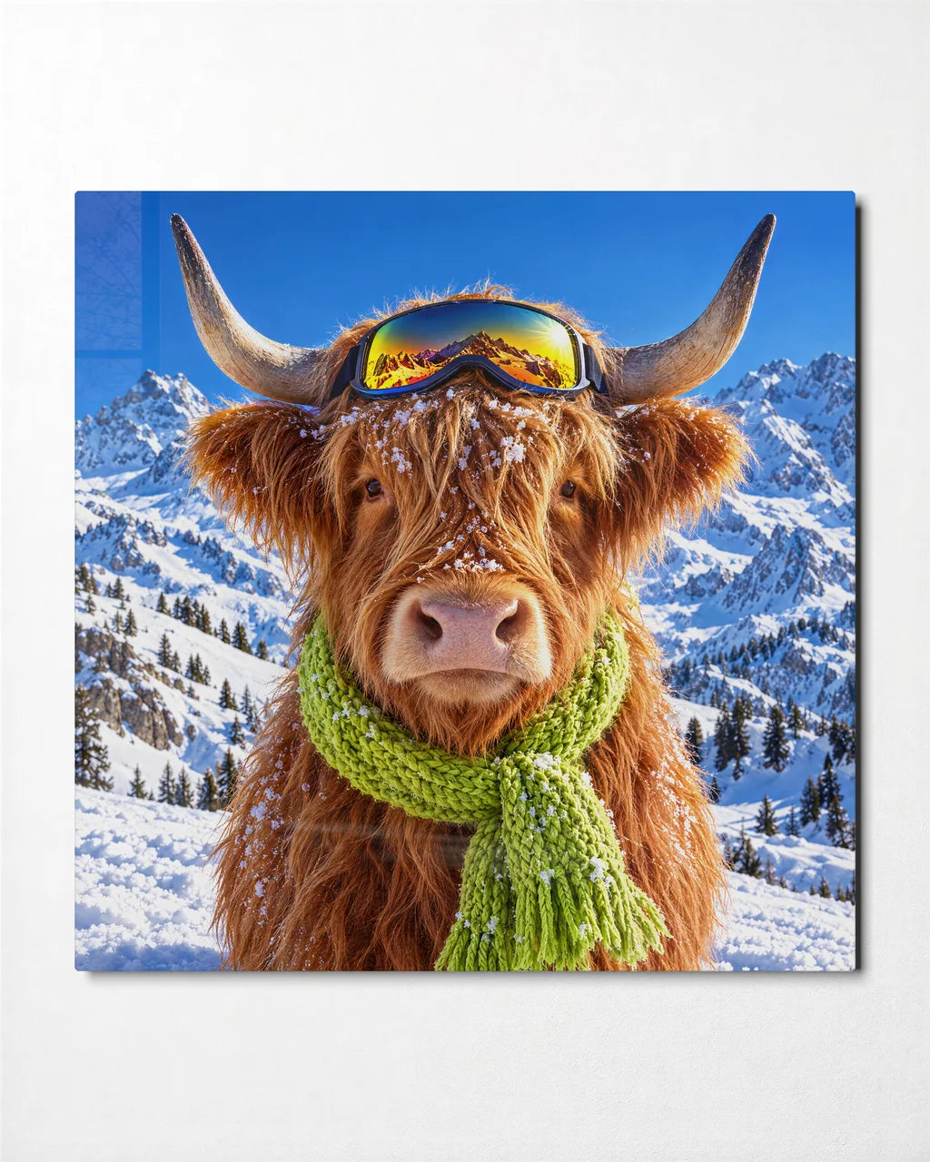 Highland Cow on the Slopes — front view of glass wall art