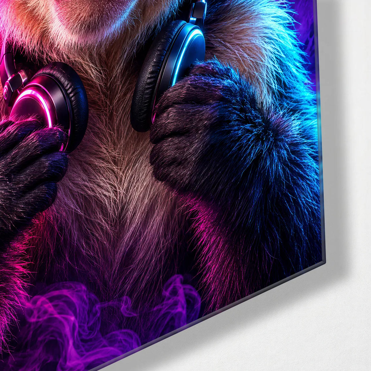 Neon Monkeys Trio — corner detail of one glass panel