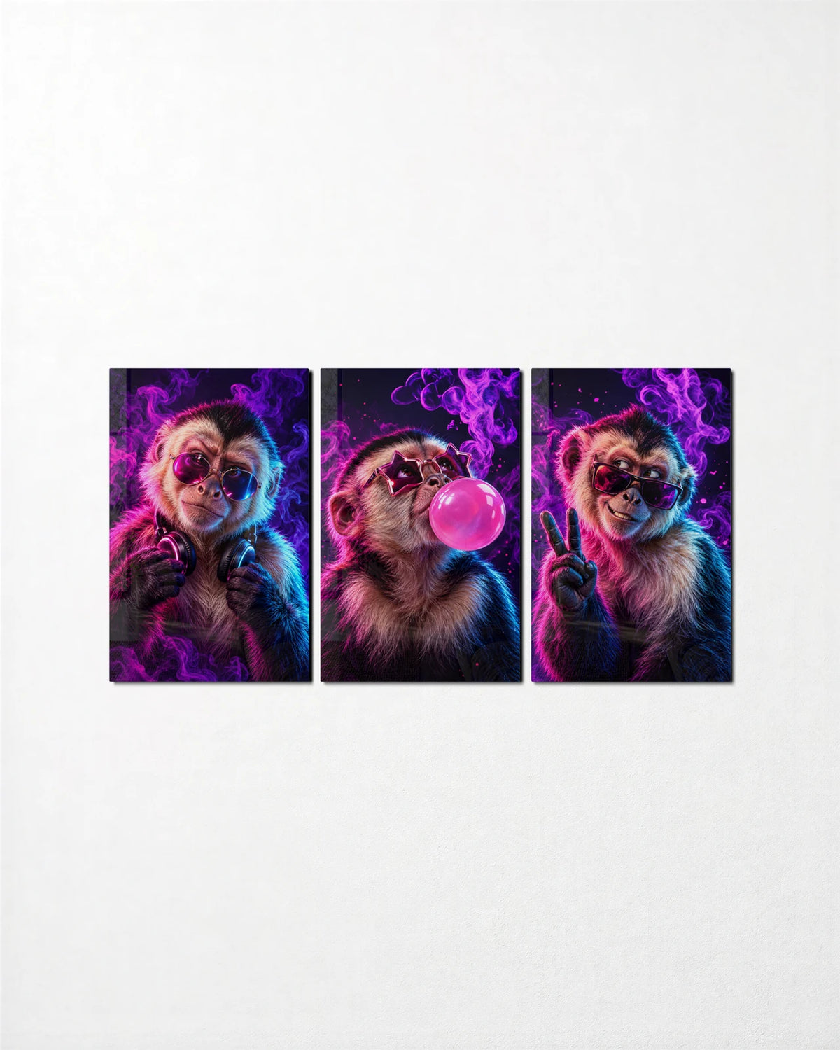 Neon Monkeys Trio — 3-panel glass wall art set on a wall