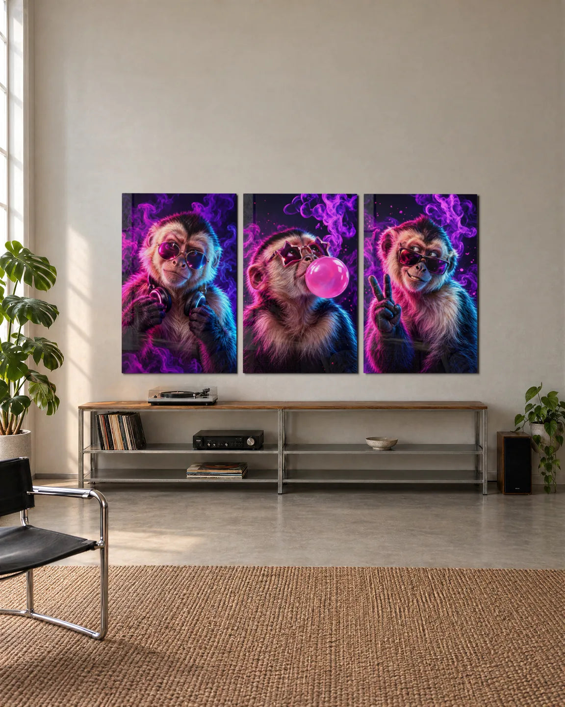 Neon Monkeys Trio — 3-panel set shown in a living space