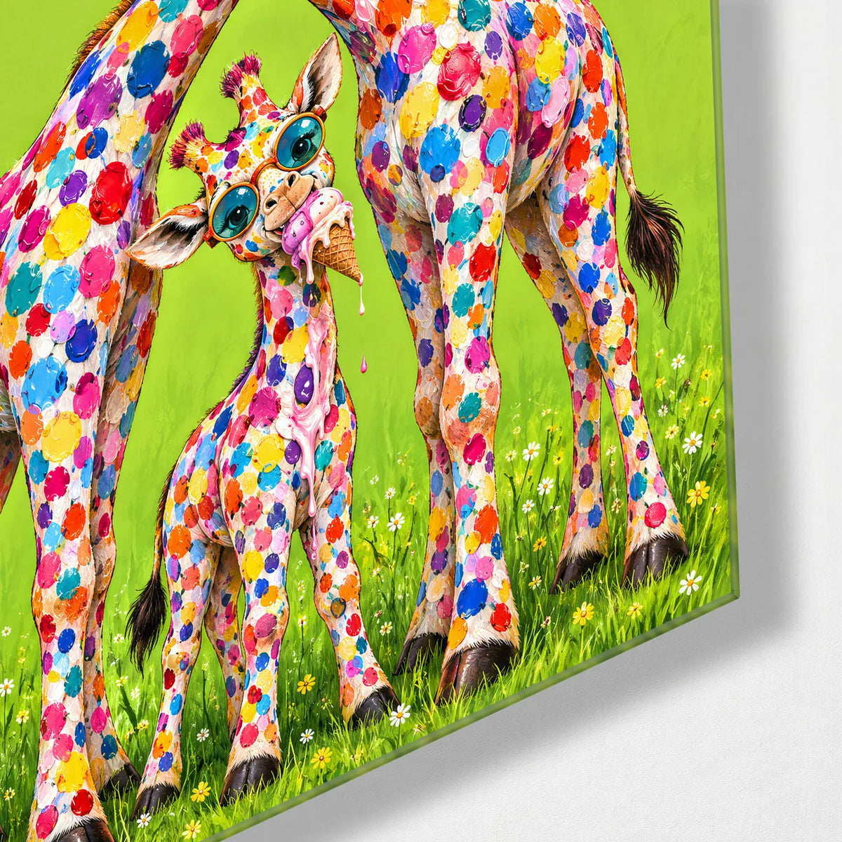 Giraffes on Holiday — corner detail of glass wall art
