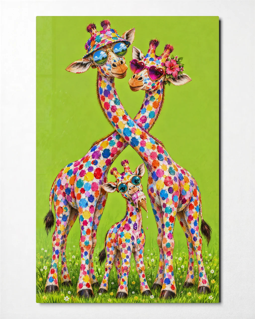 Giraffes on Holiday — front view of glass wall art