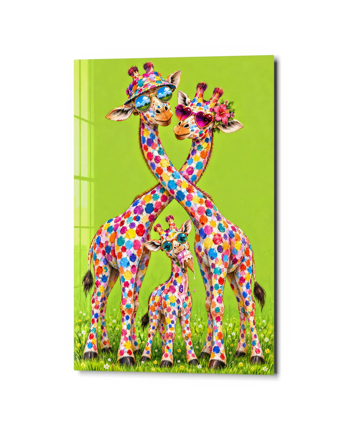 Giraffes on Holiday — studio view of glass wall art