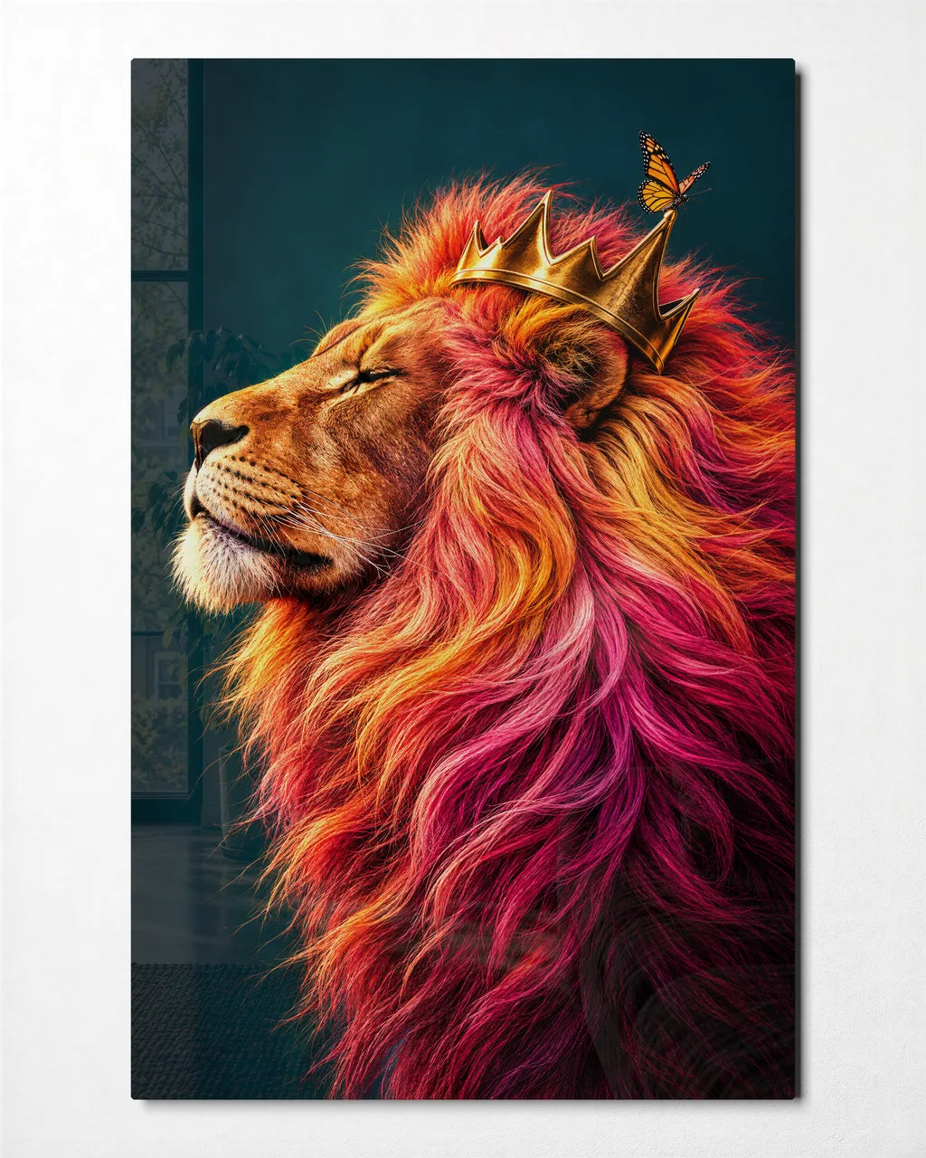 The Crowned Lion — front view of glass wall art