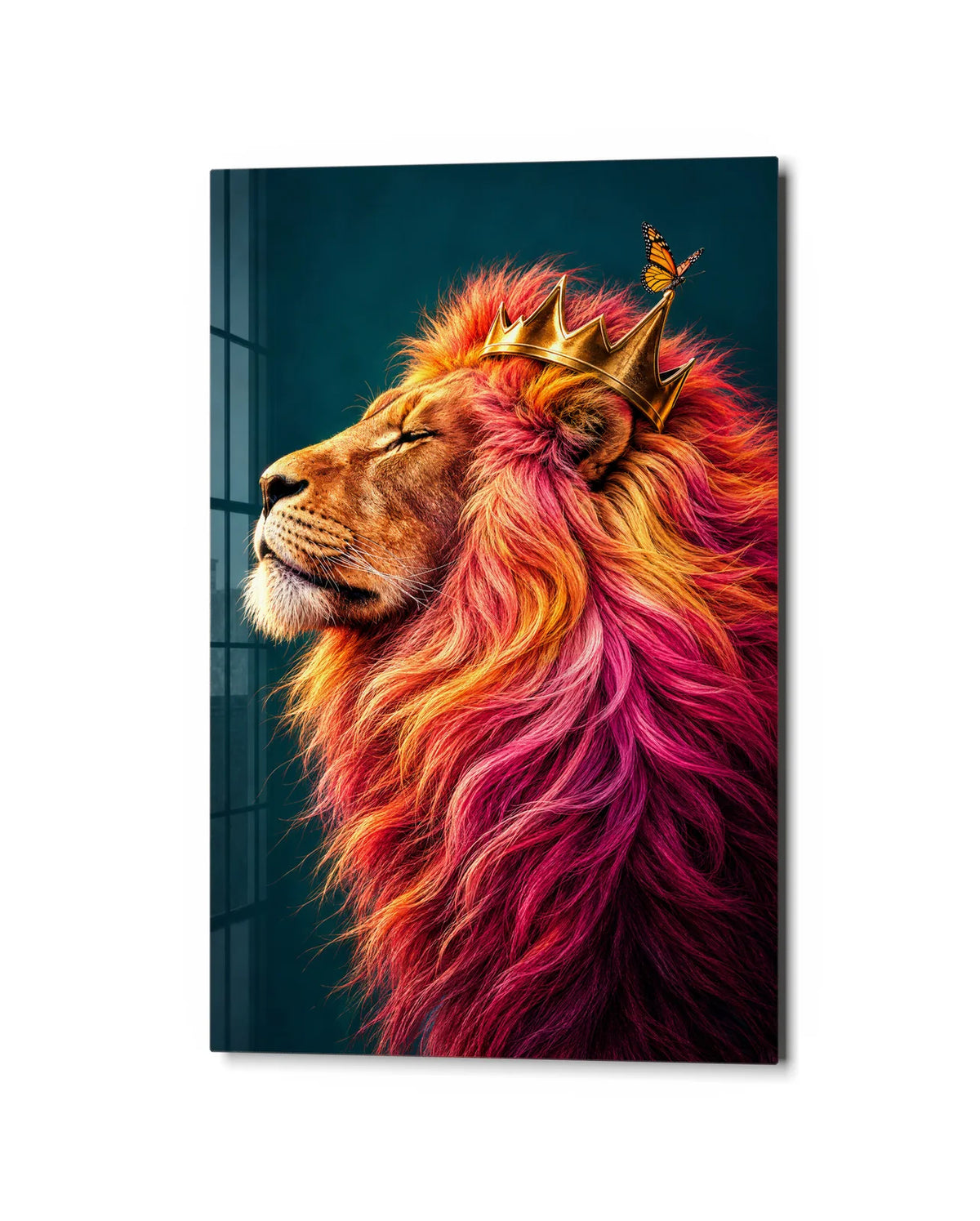 The Crowned Lion — studio view of glass wall art