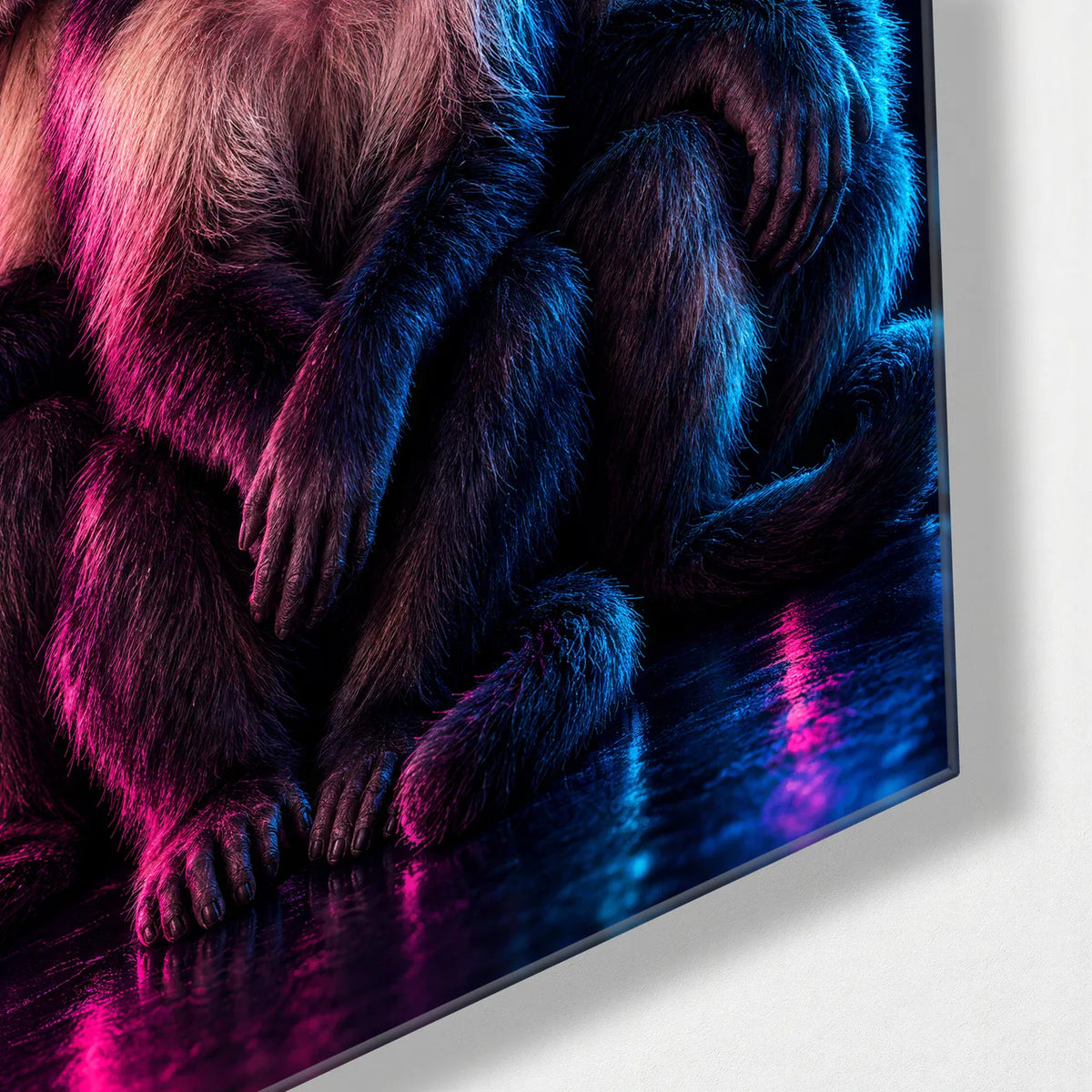 Three Cool Monkeys — corner detail of glass wall art