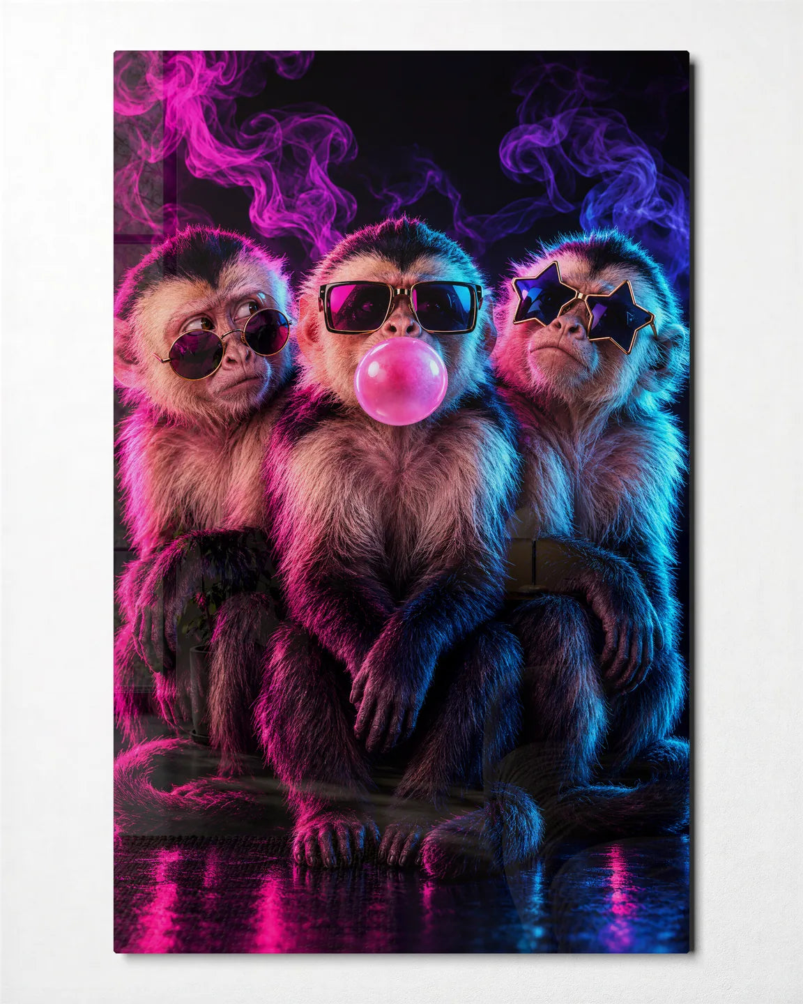 Three Cool Monkeys — front view of glass wall art