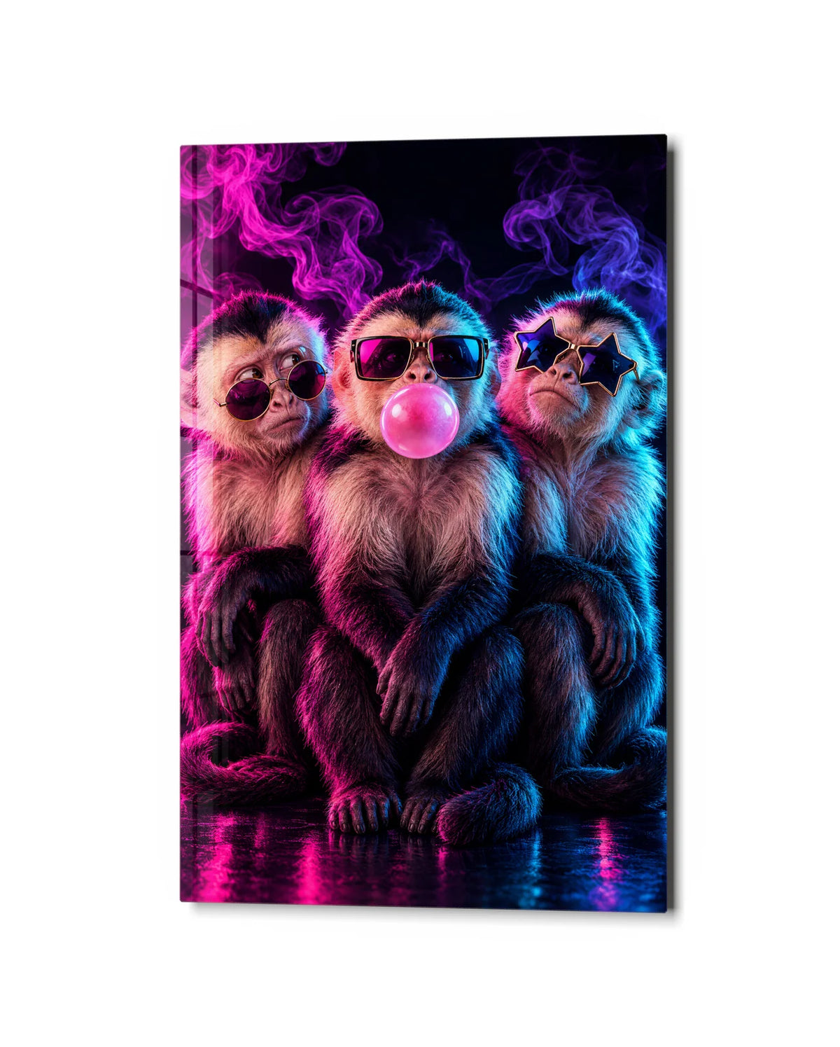 Three Cool Monkeys — studio view of glass wall art