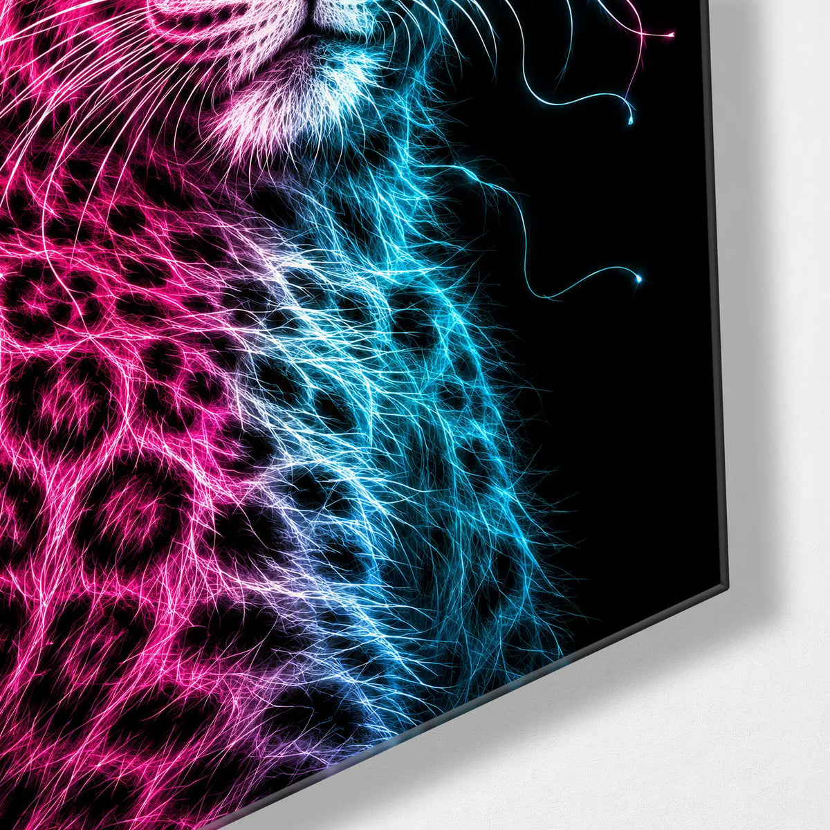 Leopard in Light Threads — corner detail of glass wall art
