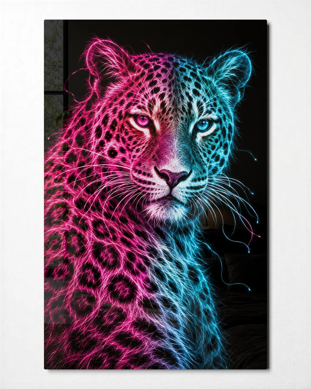 Leopard in Light Threads — front view of glass wall art