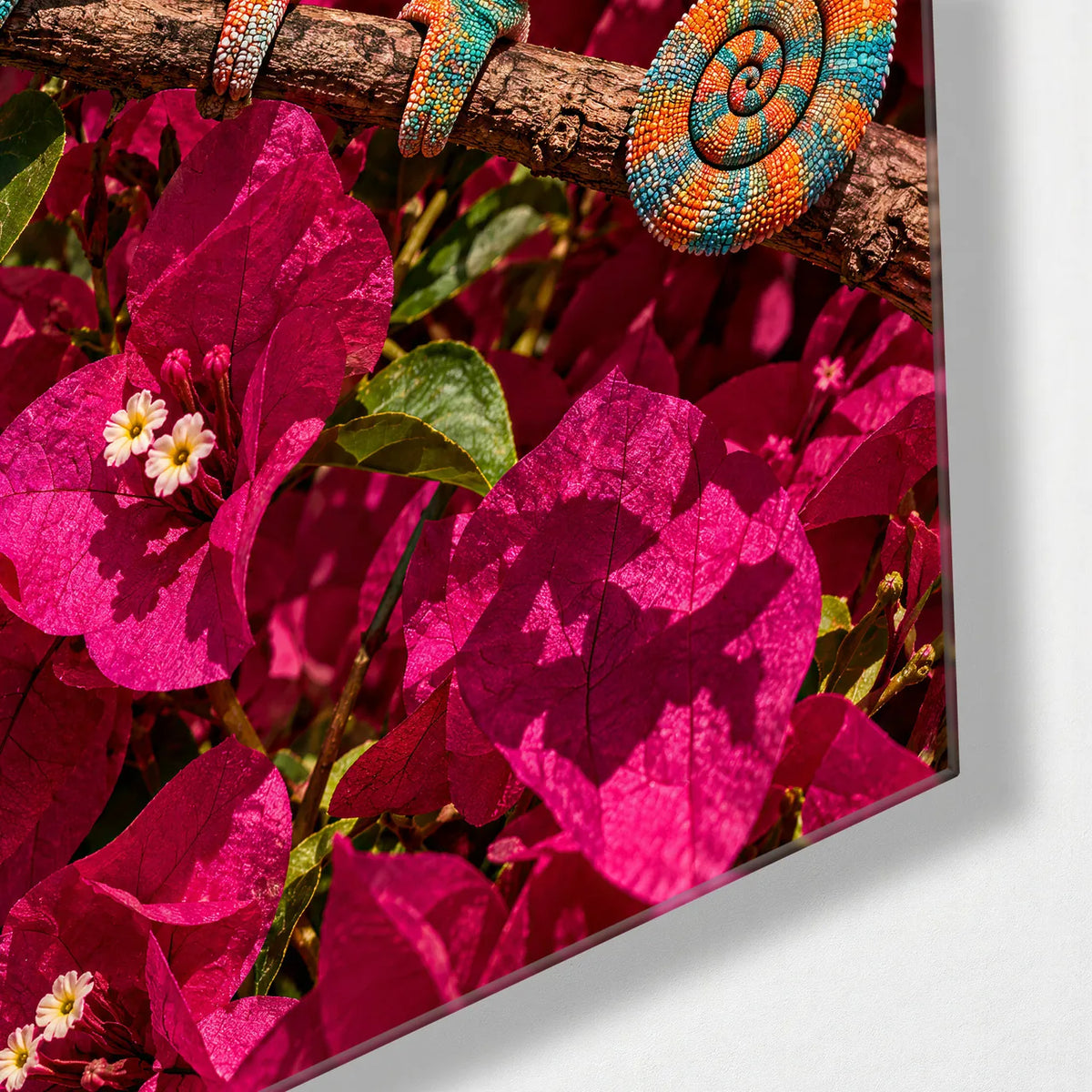 Chameleon in Bougainvillea — corner detail of glass wall art