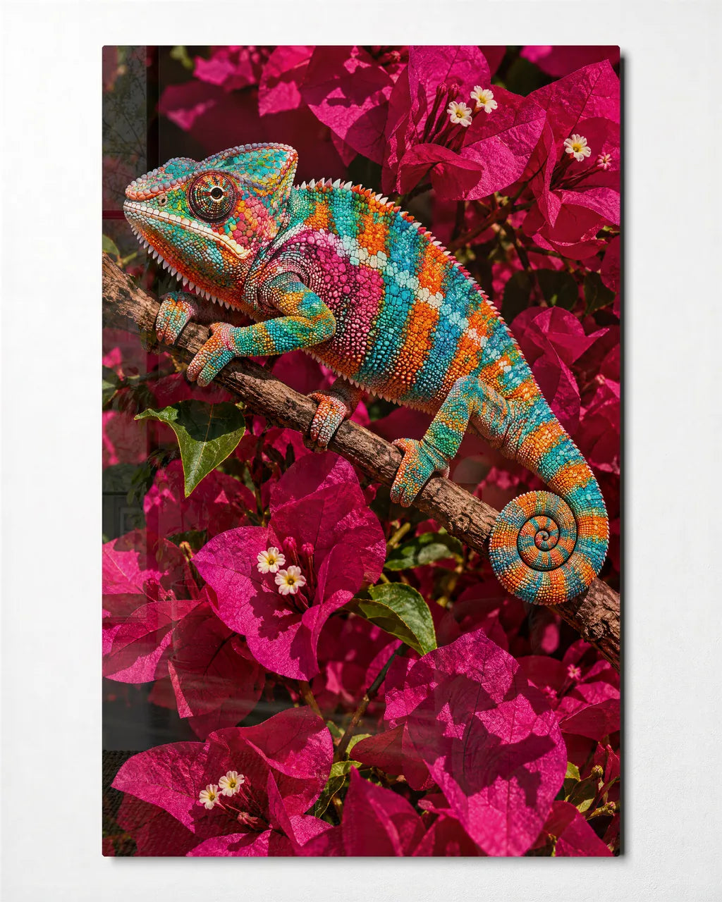 Chameleon in Bougainvillea — front view of glass wall art