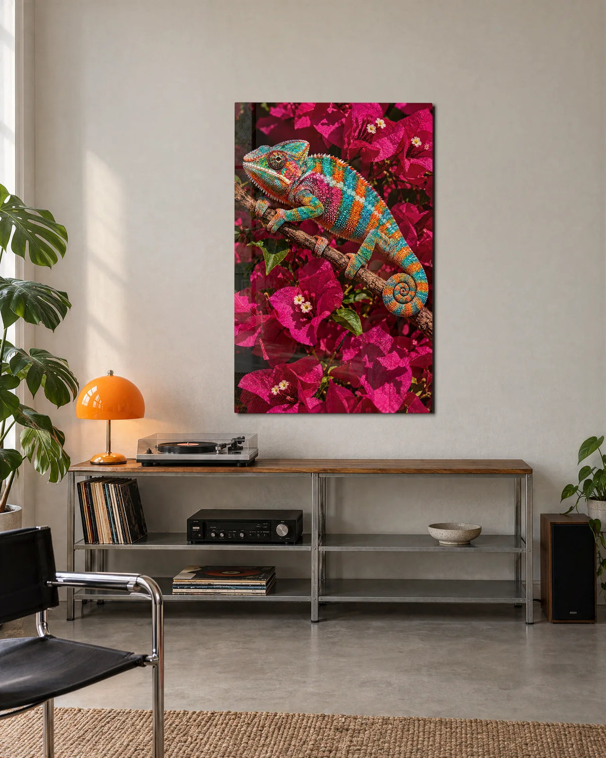 Chameleon in Bougainvillea — shown in a living space