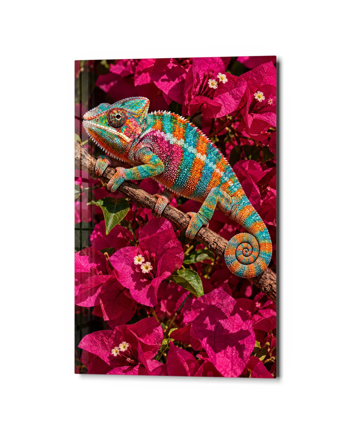 Chameleon in Bougainvillea — studio view of glass wall art