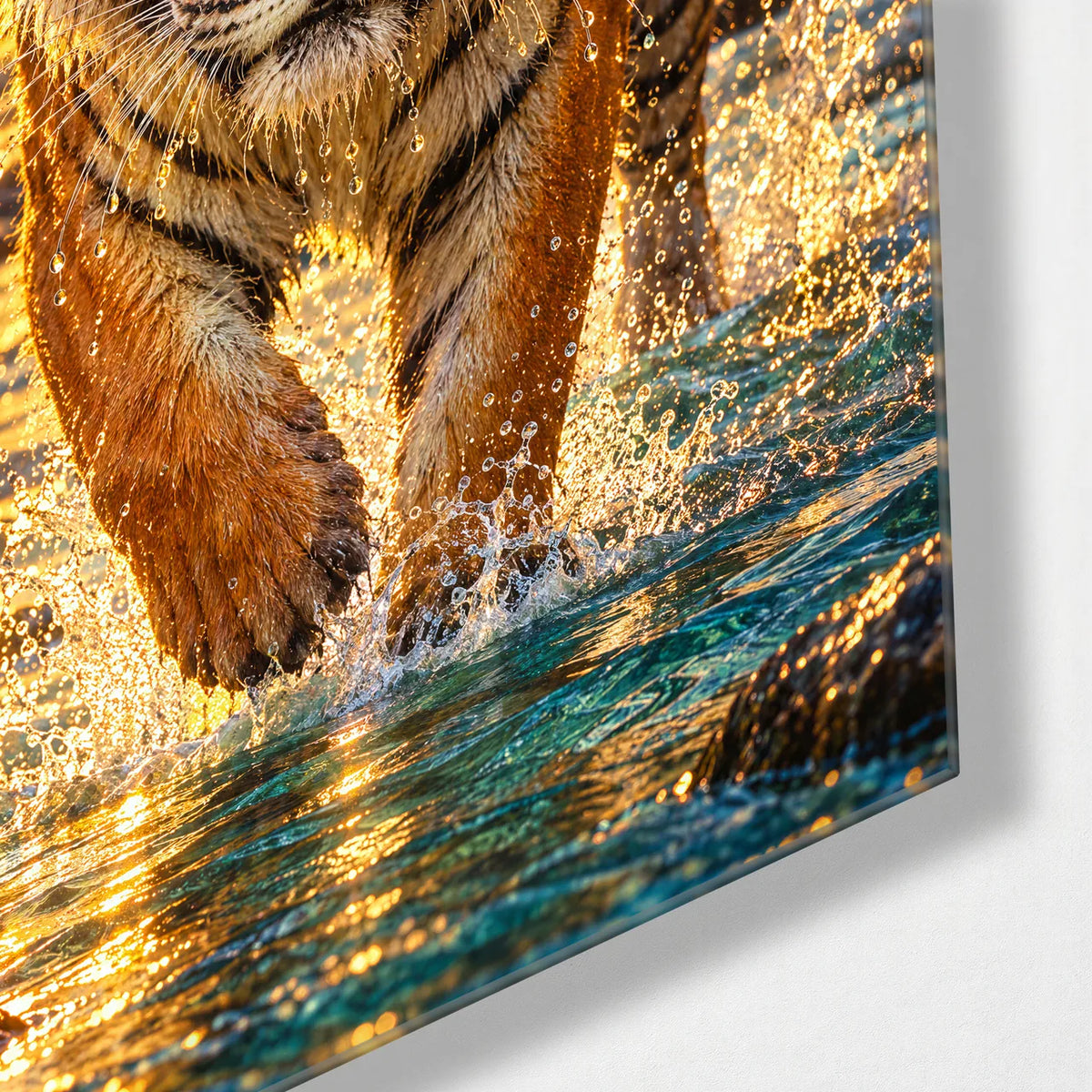 Tiger in the Gold Stream — corner detail of glass wall art