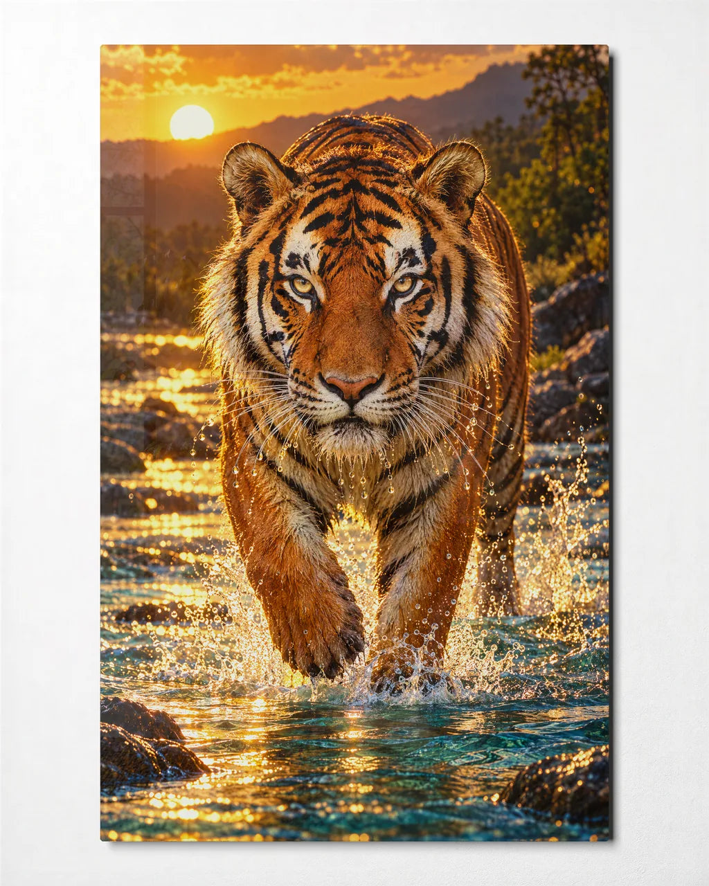 Tiger in the Gold Stream — front view of glass wall art