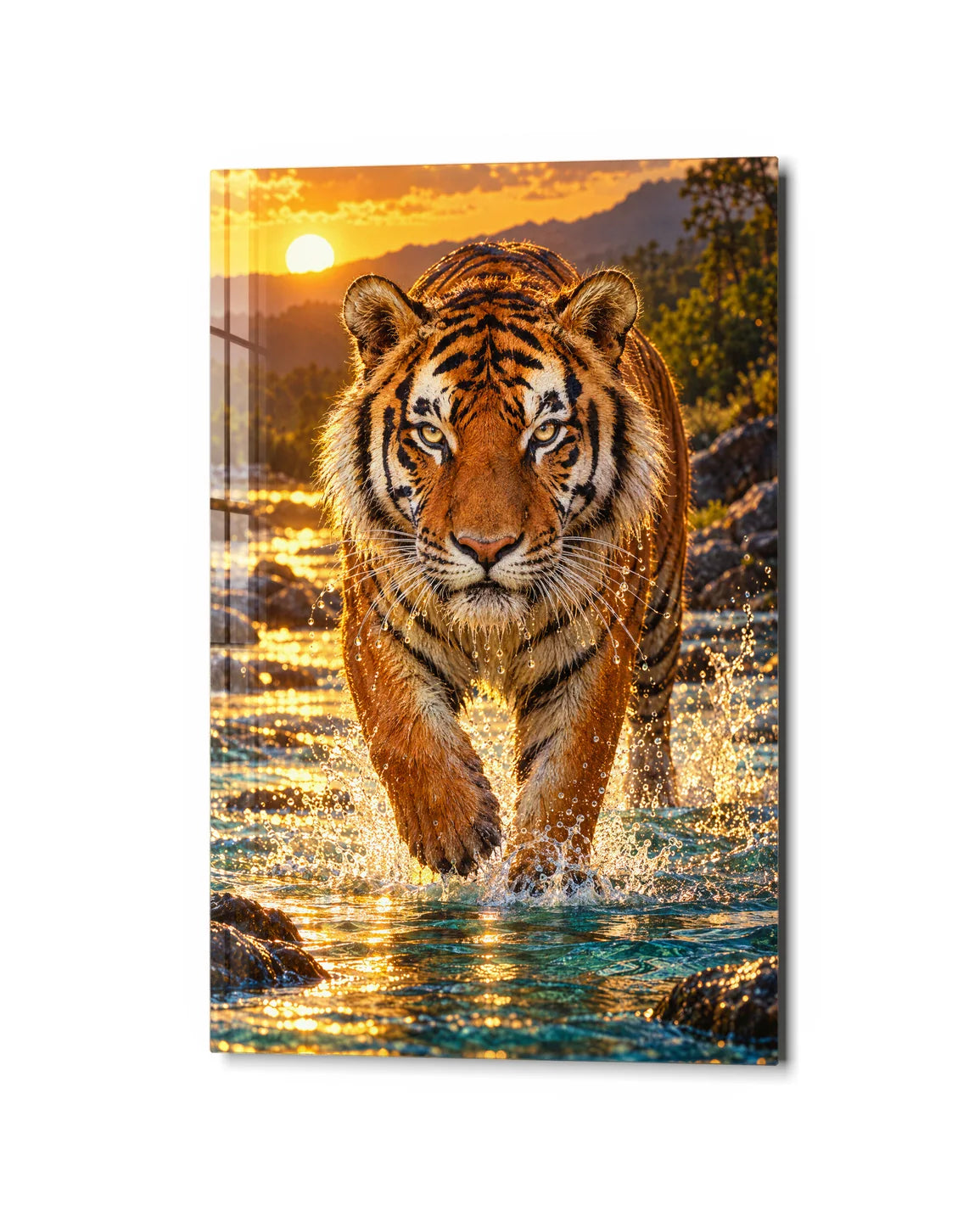 Tiger in the Gold Stream — studio view of glass wall art