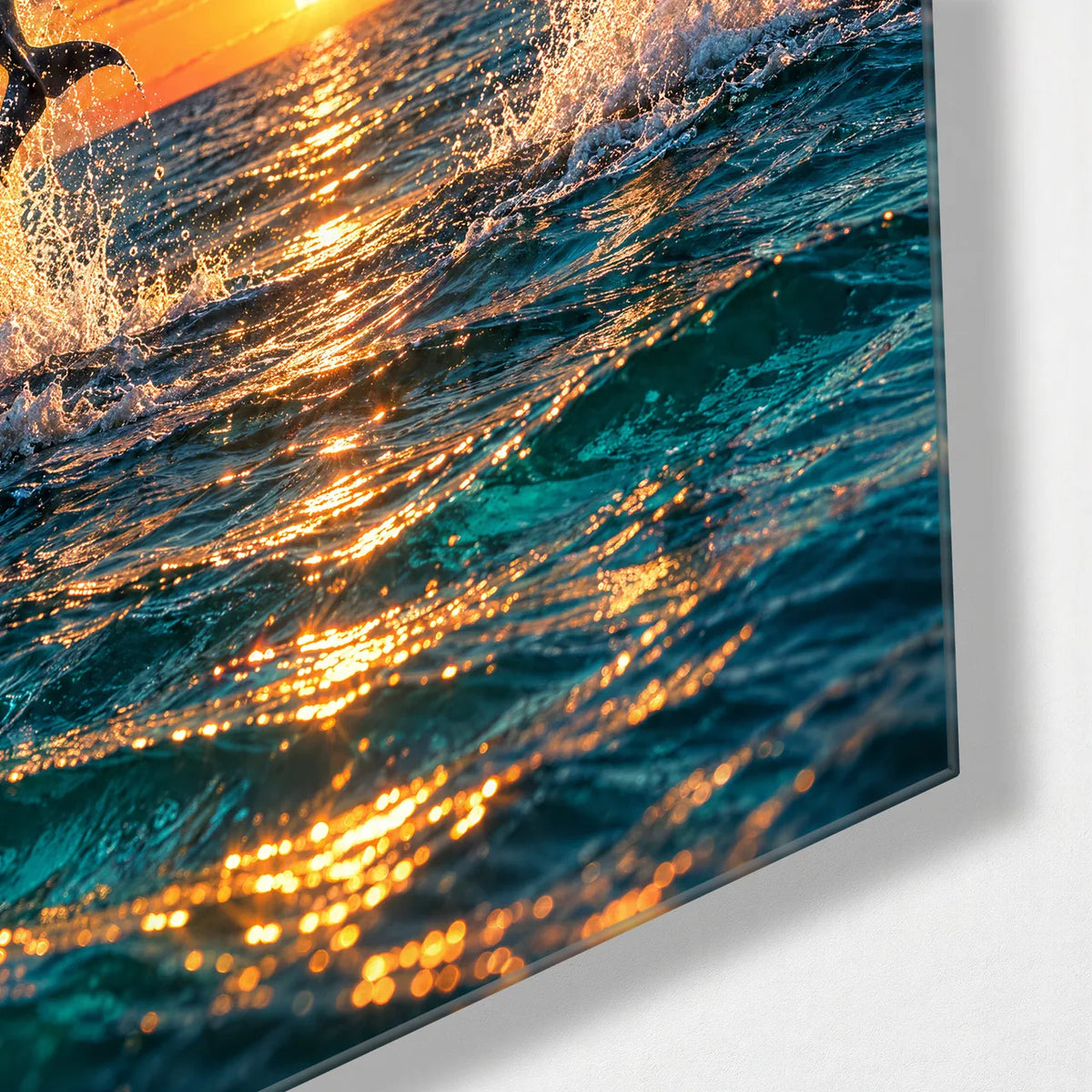Dolphins at Sunrise — corner detail of glass wall art