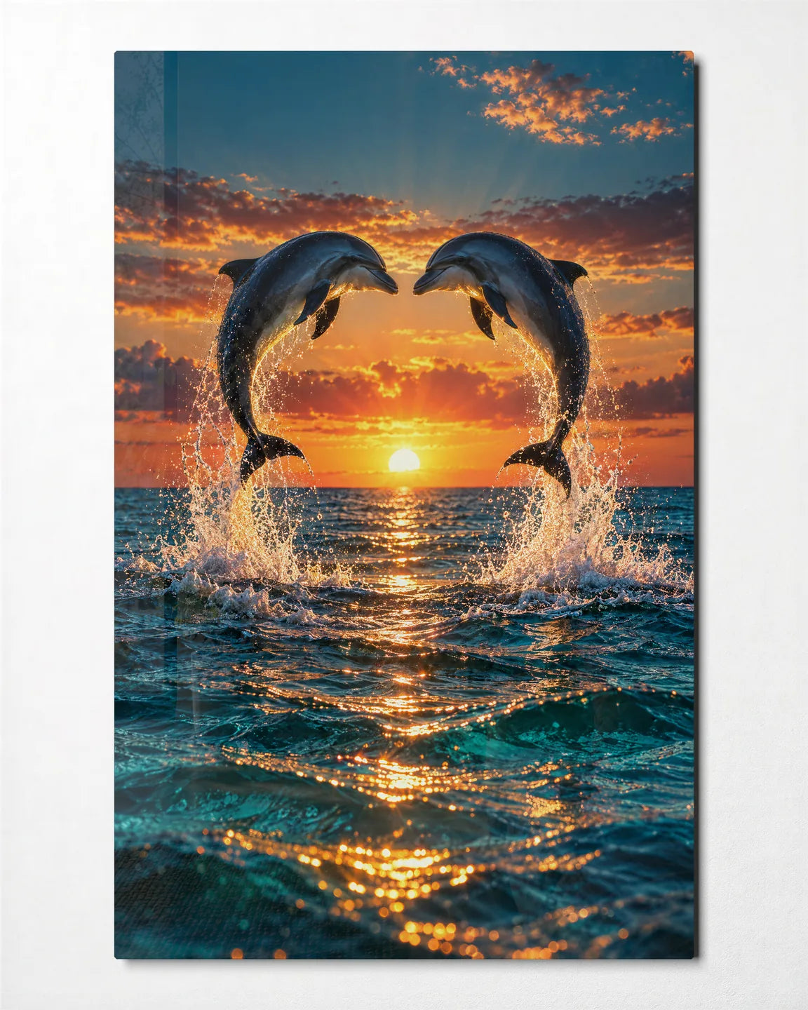 Dolphins at Sunrise — front view of glass wall art
