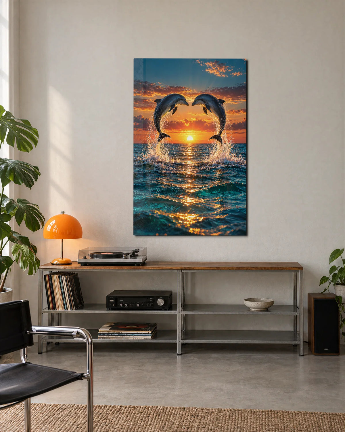 Dolphins at Sunrise — shown in a living space