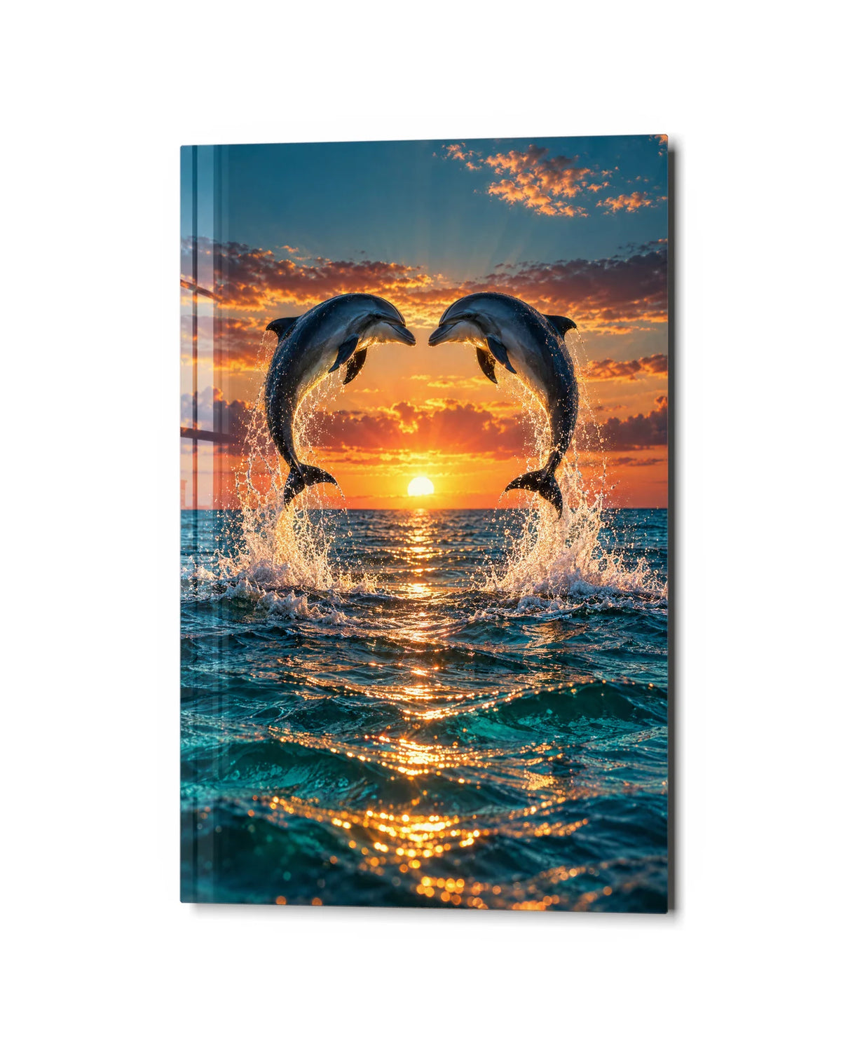 Dolphins at Sunrise — studio view of glass wall art