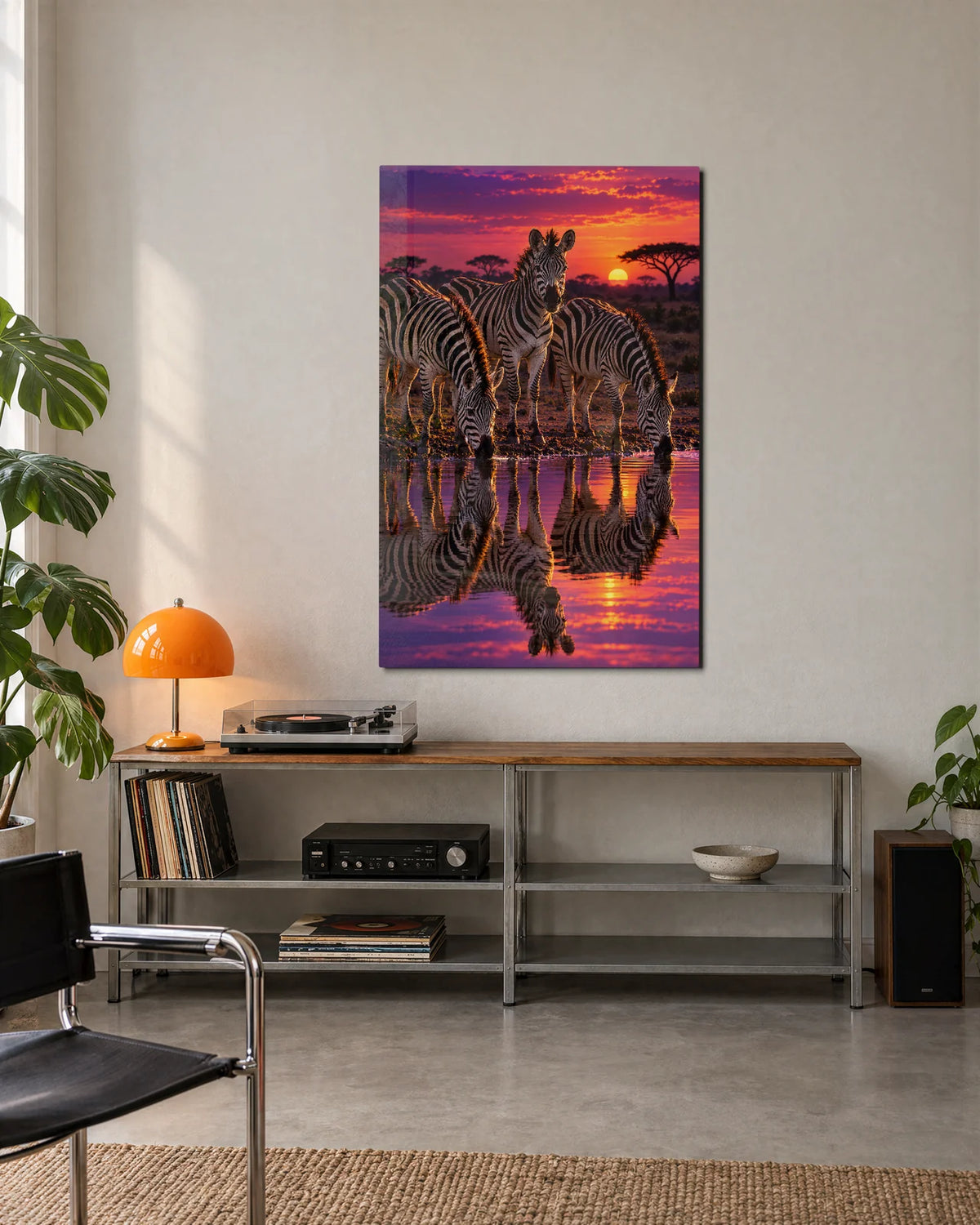Zebras at the Pink Waterhole — shown in a living space