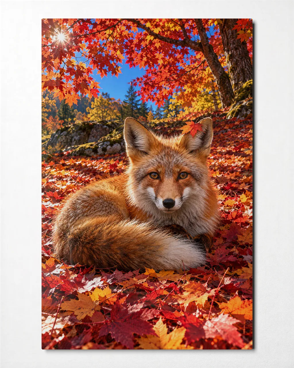 Fox in the Maples — front view of glass wall art