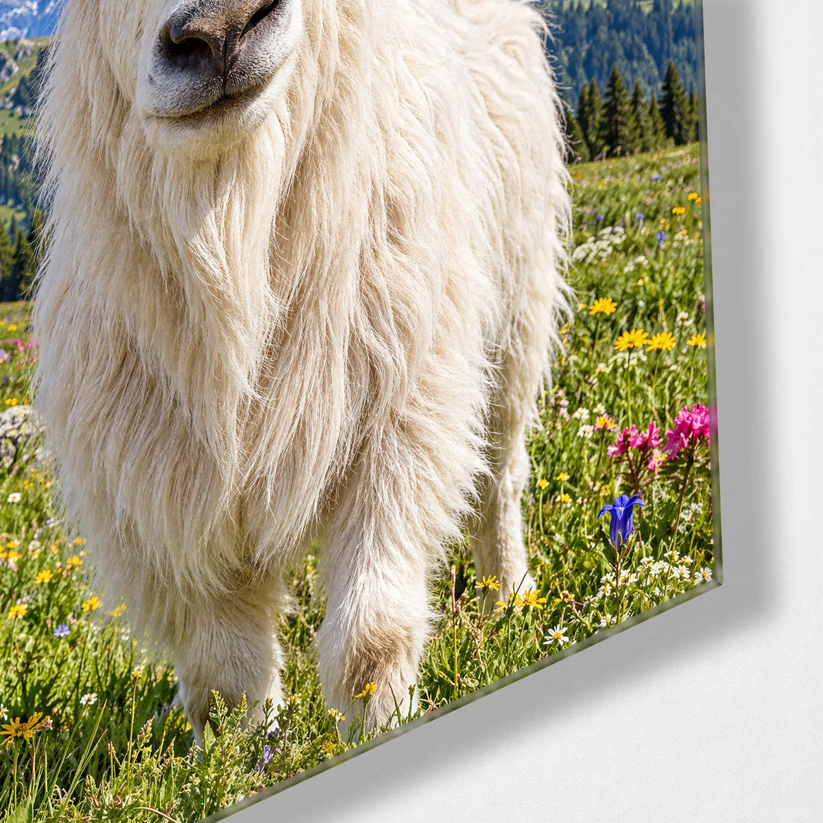 Goat in a Flower Crown — corner detail of glass wall art
