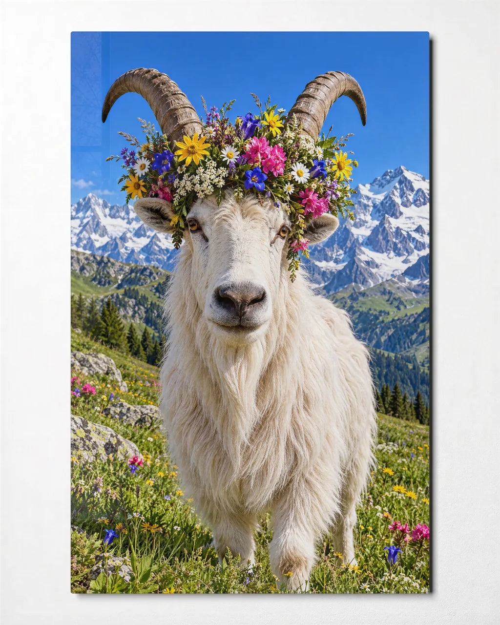 Goat in a Flower Crown — front view of glass wall art