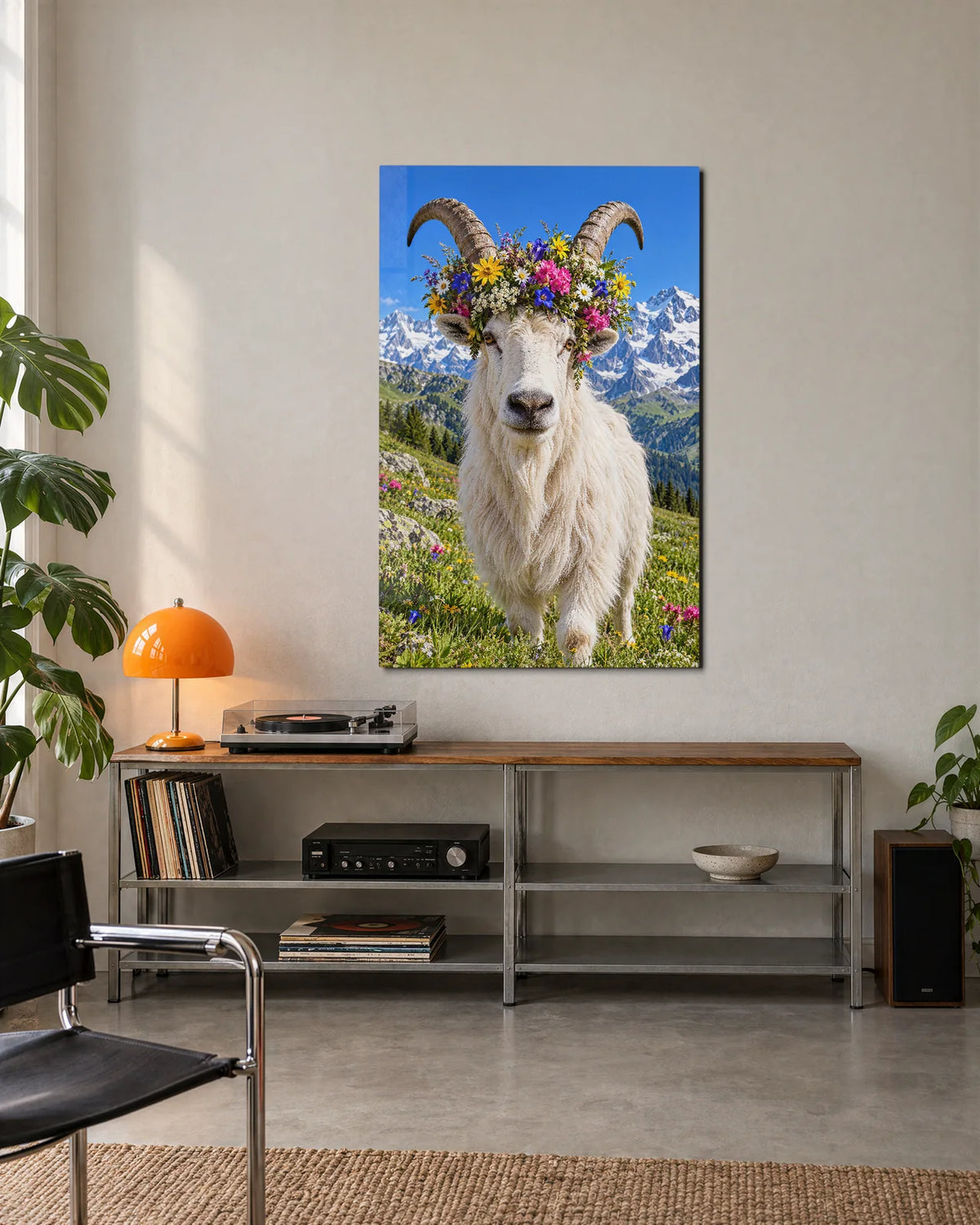 Goat in a Flower Crown — shown in a living space