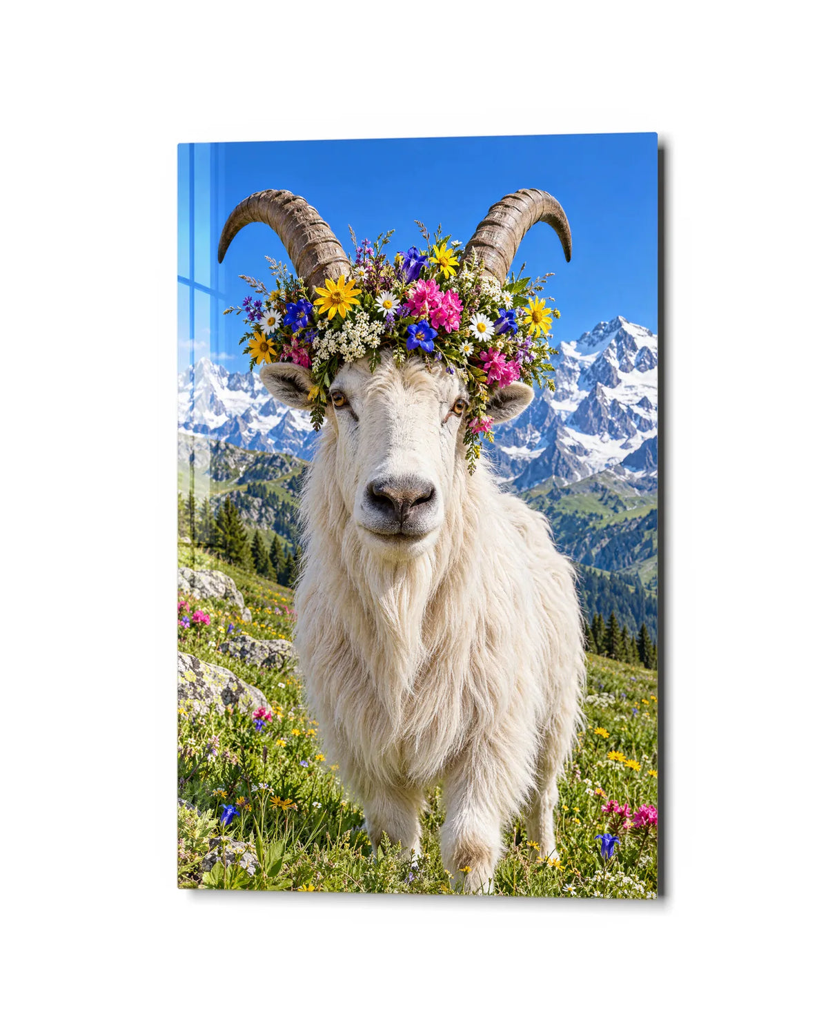 Goat in a Flower Crown — studio view of glass wall art