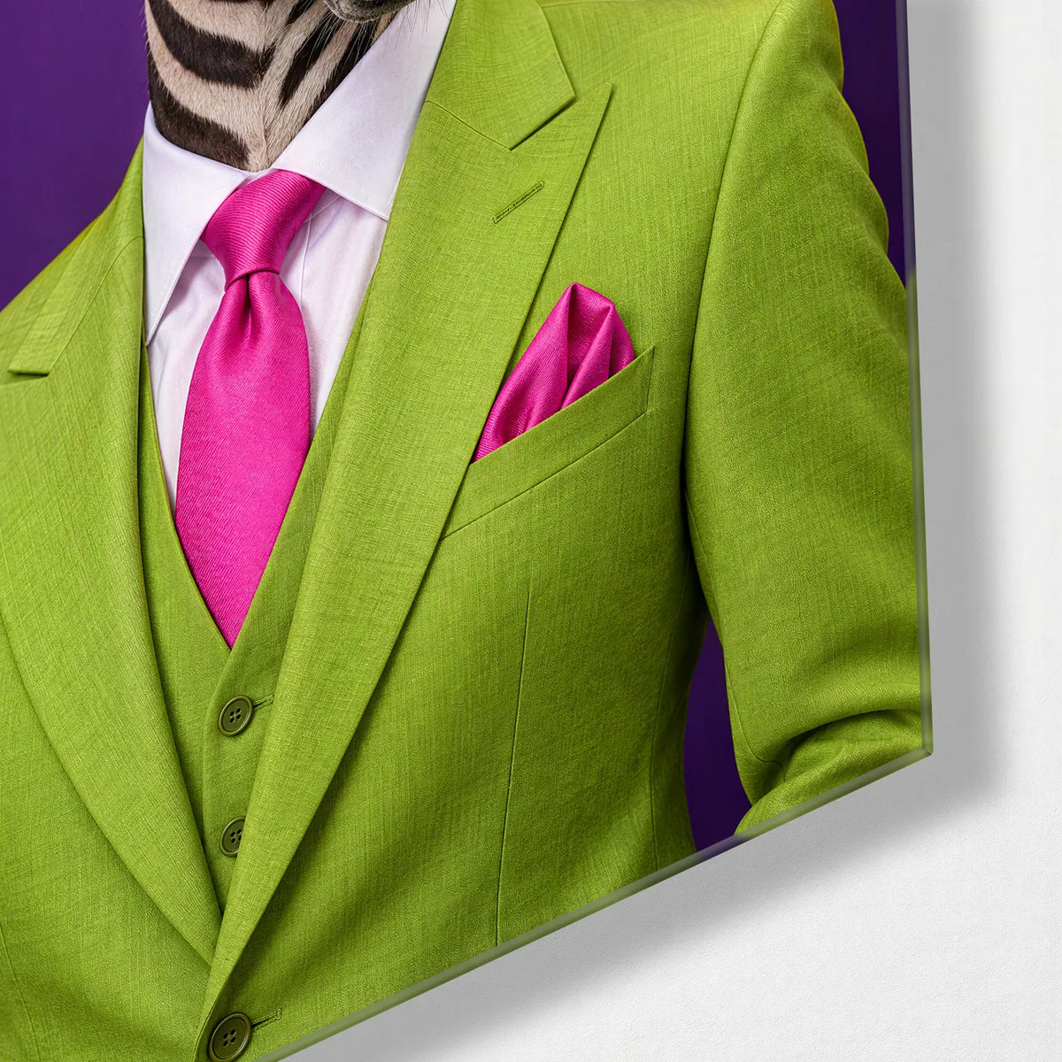 Zebra in a Lime Suit — corner detail of glass wall art