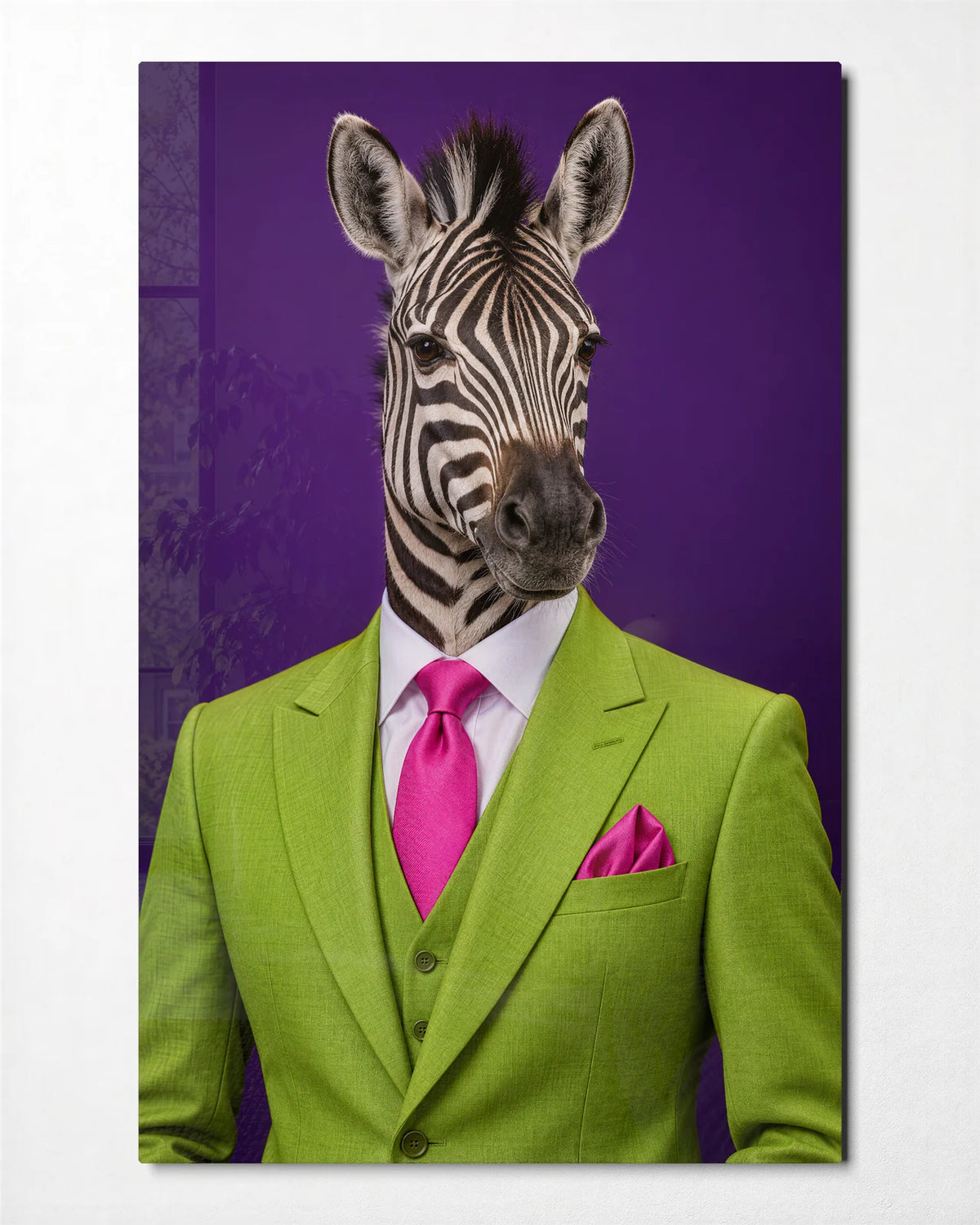 Zebra in a Lime Suit — front view of glass wall art
