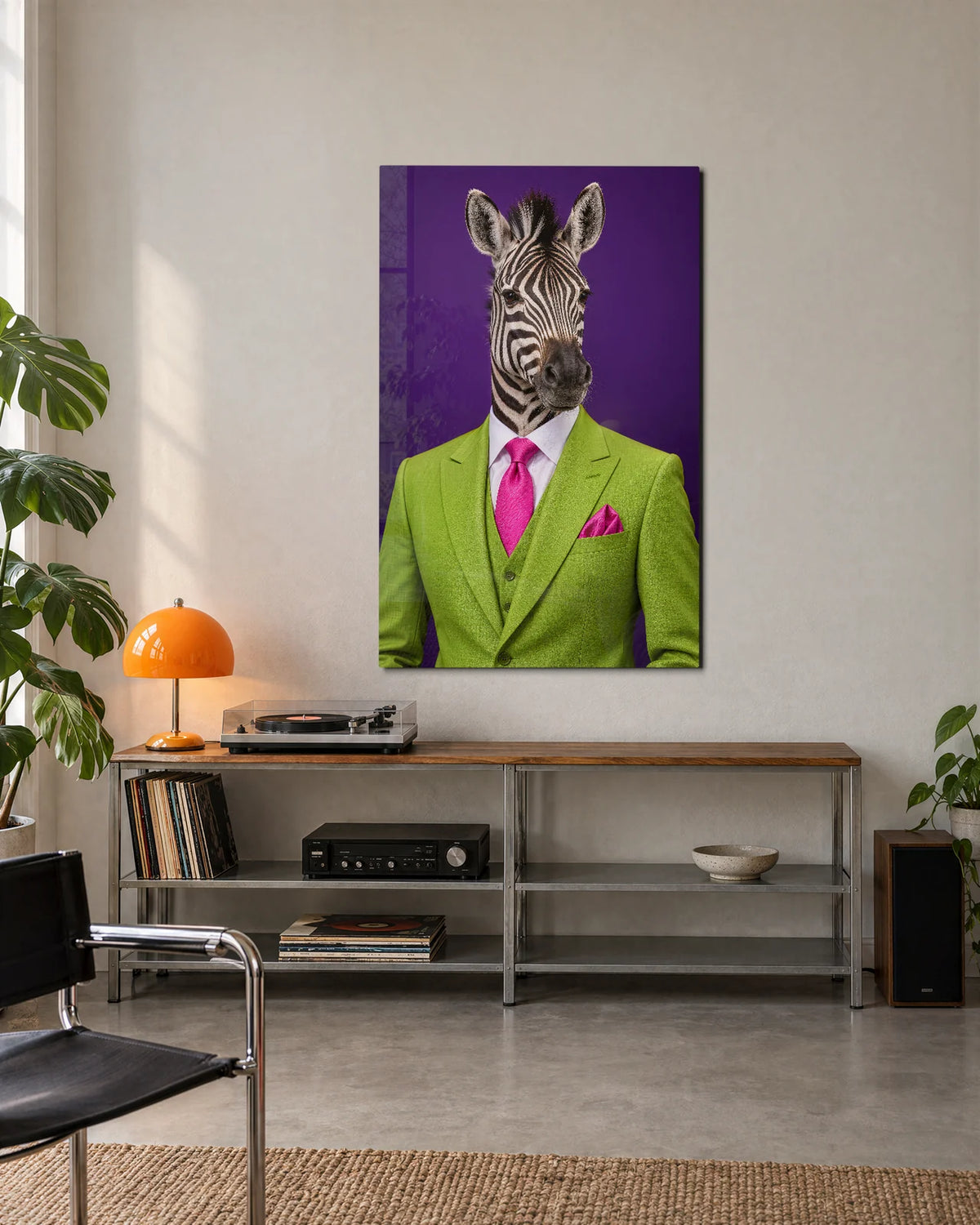 Zebra in a Lime Suit — shown in a living space