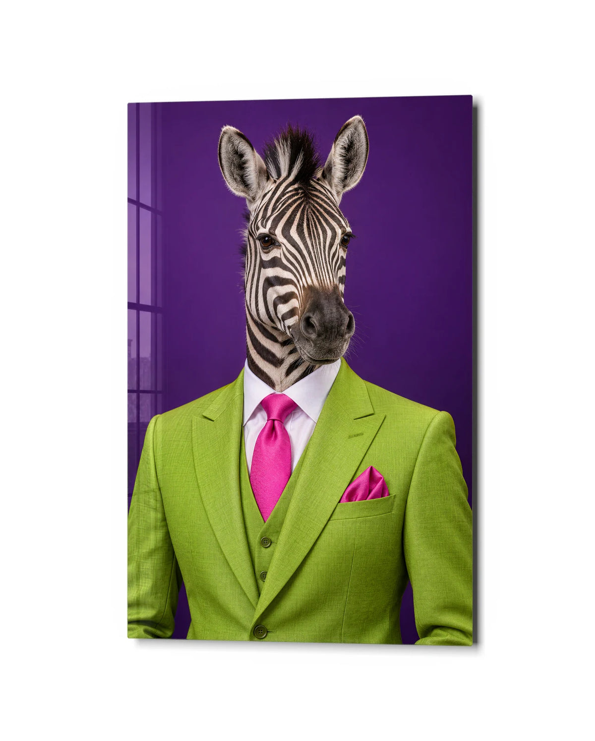 Zebra in a Lime Suit — studio view of glass wall art