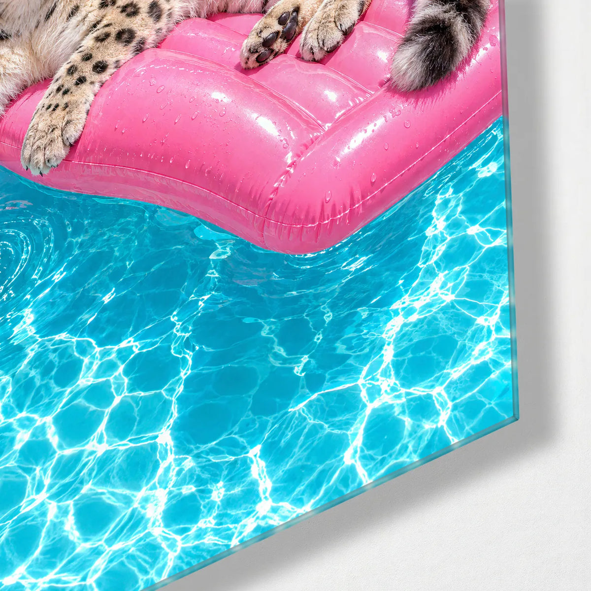 Leopard on a Pool Float — corner detail of glass wall art