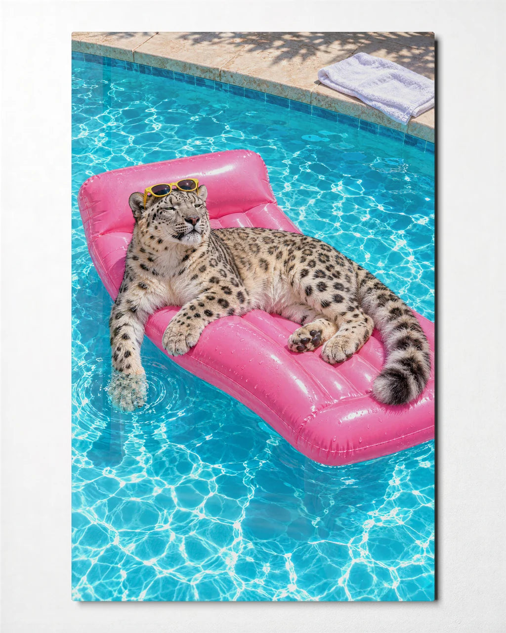 Leopard on a Pool Float — front view of glass wall art