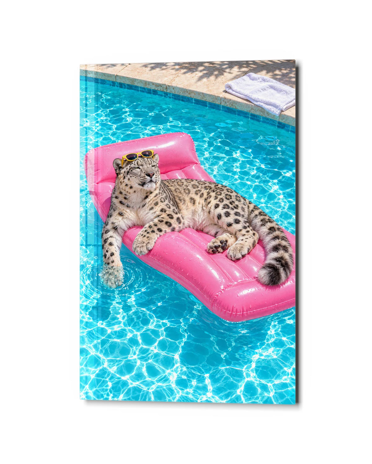 Leopard on a Pool Float — studio view of glass wall art